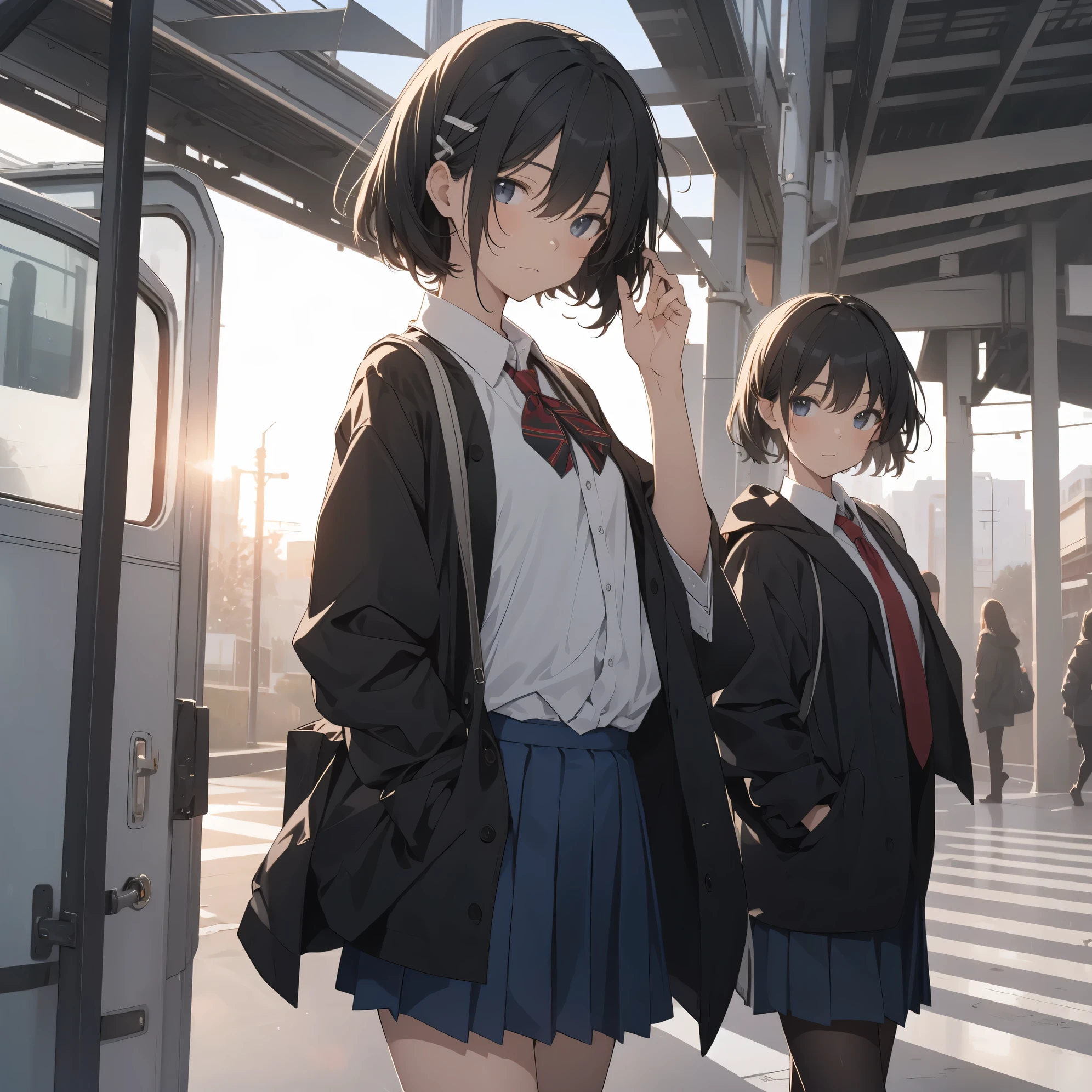 Ultra-highest quality by the art god, super detailed, High resolution, anime moe art style, Best Anime 8K Kona-chan Wallpaper, pixiv contest winner, perfect anatomy, break,(alone眠そうに学校に行く女の子を描いてください. )break, 1 girl, (alone,little woman,13 years old:1.3),All limbs, full finger,, The charm of an immature body, (very short hair), flat chest, small ass, between legs, small black eyes, detailed and beautiful eyes, Well-proportioned iris and pupils, expressive eyes, High resolutionの詳細な髪, ribbon, skirt, Ascot, pleated skirt, school uniform, school bag, (detailed lighting), (detailed background), On the way to school. break,super dense skin, Best lighting by famous artists, 8k, figure,Hmm, rough skin