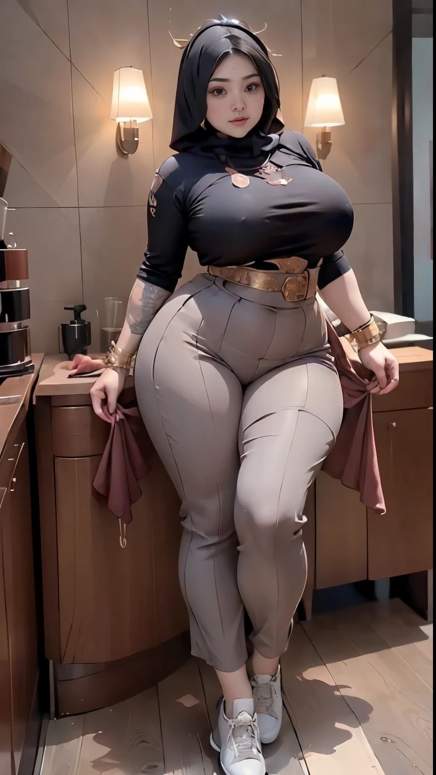 ((best quality)), ((masterpiece)), (detailed), perfect face, araffe woman thick and thight long pants posing for a picture, curvy model,, curvy hourglass figure, sexy longest hand t-shirt, thicc, beautiful full body shot, soft curvy shape, in a longest hand t-shirt, a beautiful woman open legs , bbwchan, , armpits, there is a old woman posing in a dark room with a maroon burka clothes , 43 years old, thick body, beautiful thick female, wide hips, thick legs, she has a jiggly fat round belly, thick thighs, curvy hourglass figure, thicc, curvy model, widest hips, hyperrealistic full figure, bbwchan, voluptuous body, thick, tattooed body, tattooed hands, hena on arm, hena in belly, Burka girl, muslim clothes, 43 years old woman. Burka chubby woman, chubby cheeks, wearing a sneakers, bob hairstyle, thick neck, short neck, there is a woman random pose red-brown hijab, bbwchan, thicc, brown hijab outfit, brown hijab fashion model, korean girl, korean woman, wearing brown robe, full length shot, alluring plus sized model, japanese goddess, clothed in hooded, voluptuous and arousing, portrait shot, curvy model, voluptuous body, wonderful, nene tanaka body , bbwchan, The overall atmosphere is smooth , haunting illustrations, extremely high-resolution details, photographic, realism pushed to extreme, fine texture, 4k, ultra-detailed, high quality, high contrast, red sneakers , cold atmosphere ,, 8k resolution , ultra-detailed resolution , wearing long thight pants, random pose with full body , full body, diamond necklace , wearing a watch , thick arm, thick cheeks , wearing a gold Bracelet