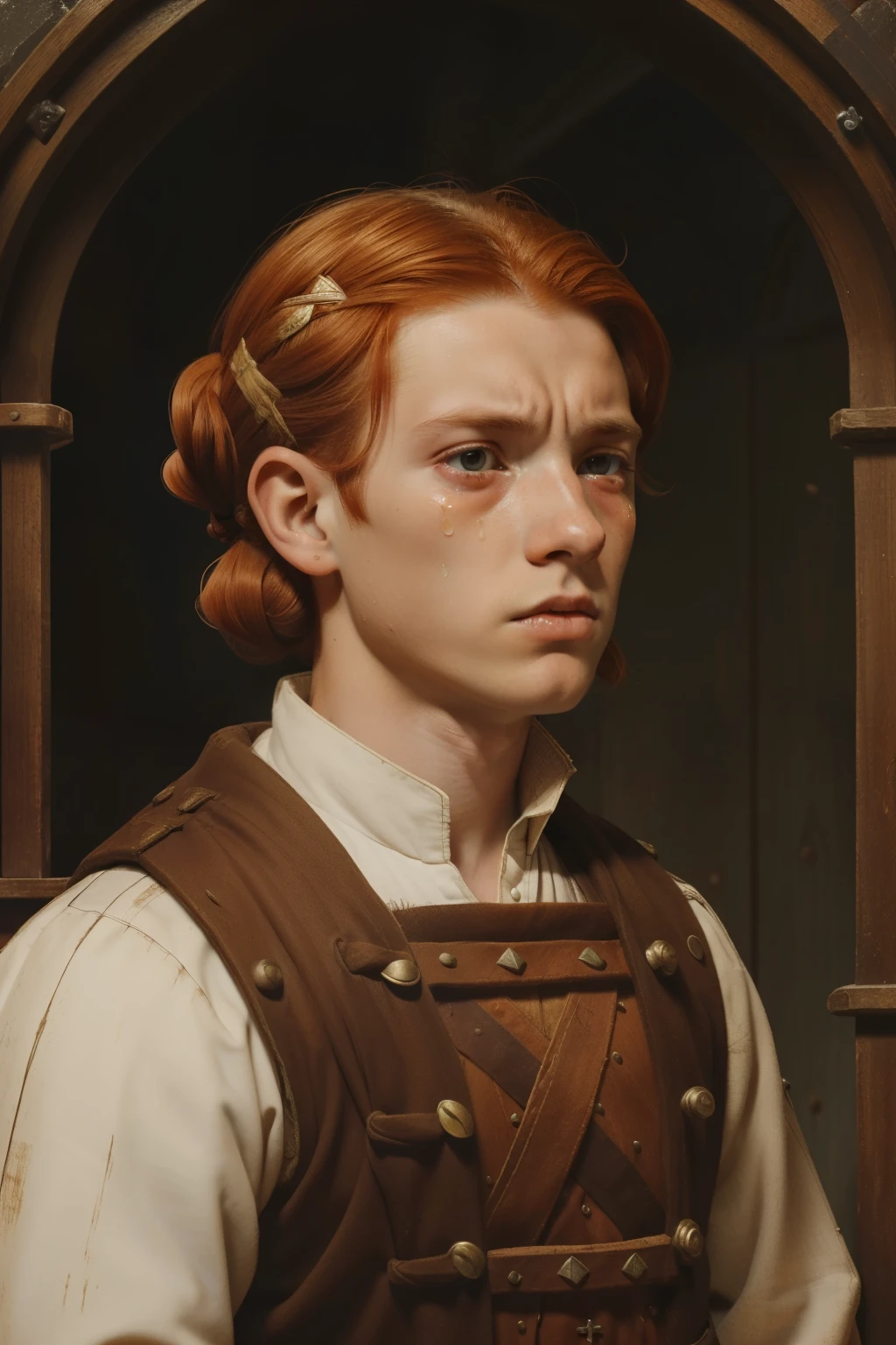 England, 1337. A young ((((-yeld)) fric)), rustic boy, strong, angular features, serious, kind, indoors, staring at a tragic disaster in ((shock and horror expression)), ((crying big tears)). ((((clothings from the 1300s)))), ((ginger hairstyle of the 1300s))