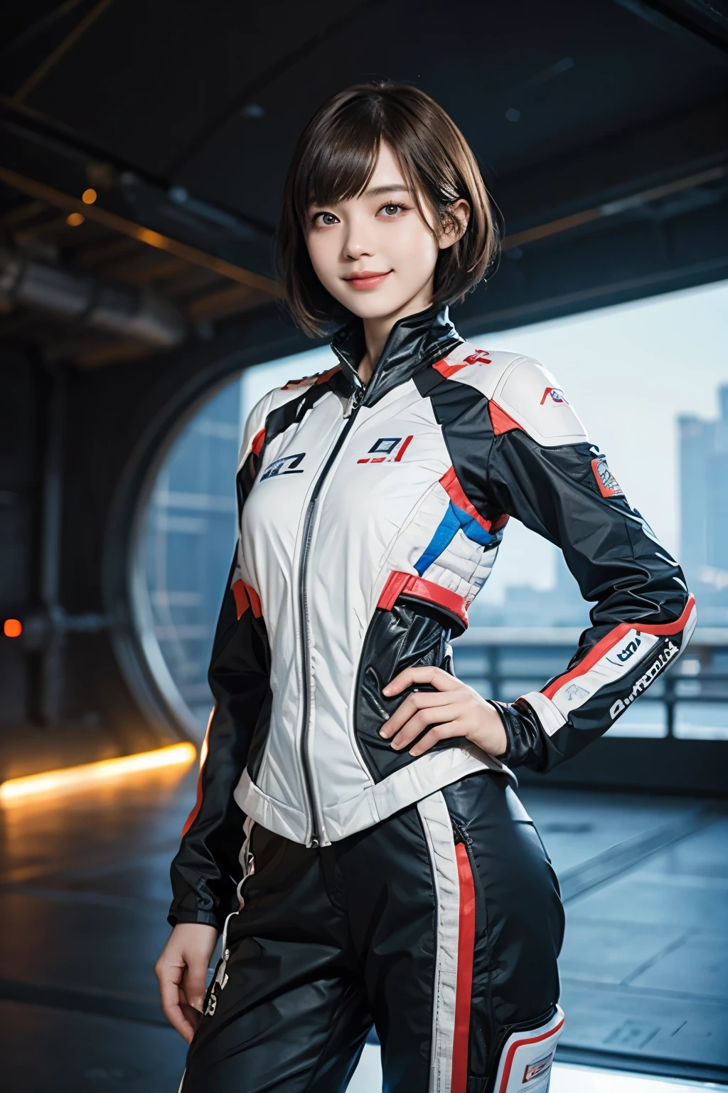 163
Shorthair, (a 20 yo woman, standing), A hyper-realistic, gentle smile, sci-fi cool suit, (口紅), futuristic fighter aircraft