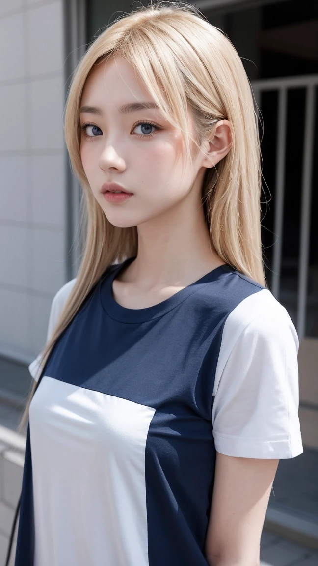 Femme,Japonais,t-shirt bleu,Sans manches,détails réalistes, haute résolution,Détails exceptionnels, blonde
