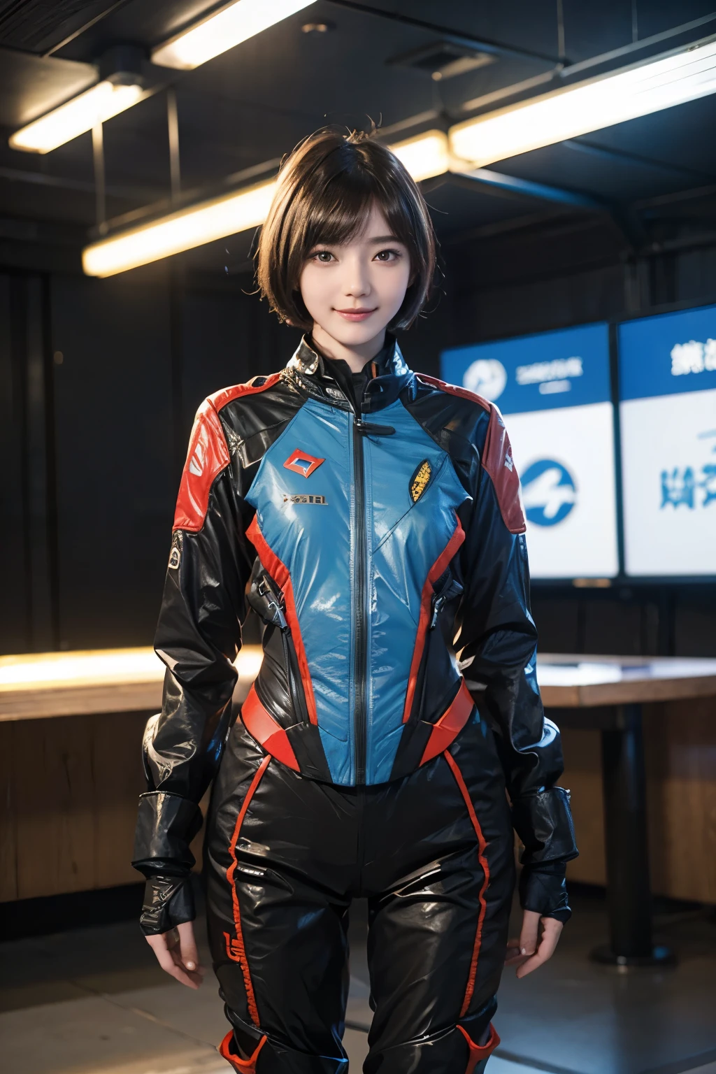 163
Shorthair,  (a 20 yo woman, standing), A hyper-realistic, gentle smile, sci-fi cool suit, (口紅), futuristic fighter aircraft
