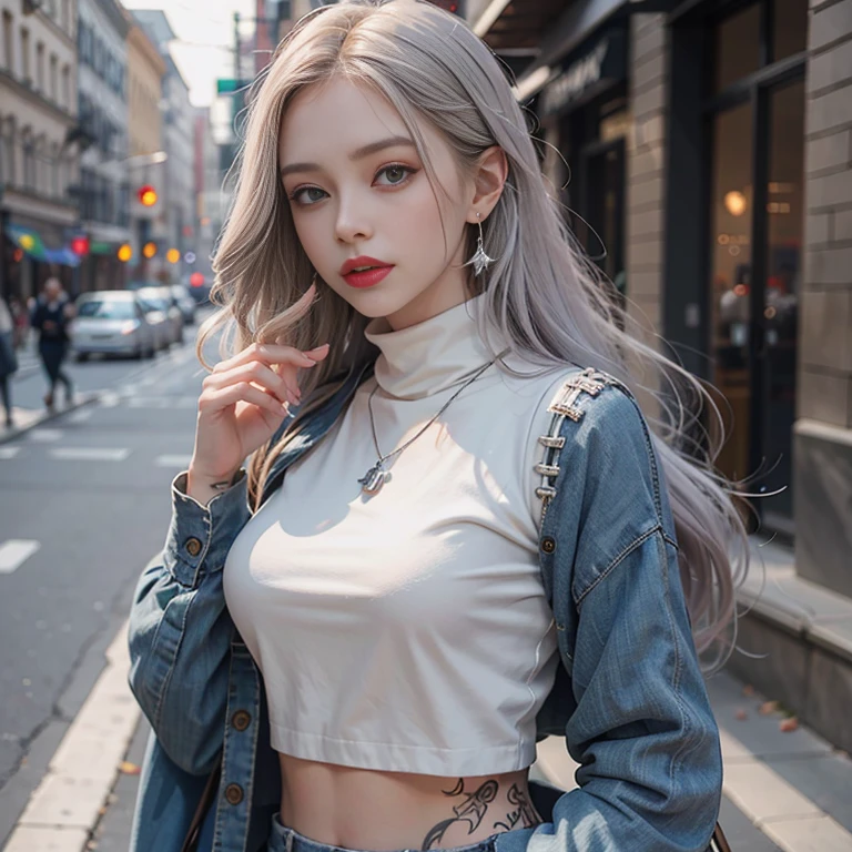 Beautiful girl college student,masterpiece,Light makeup,red lips,silver hair,messy long hair,street background,beautiful,grace。Super fine detail,work,Authentic texture,Realistic movie lighting,完美的work,8k,HD,Exquisite facial features,White skinny turtleneck top,White skinny shorts,slim figure,big bright eyes,,earring,necklace,Tattoos are