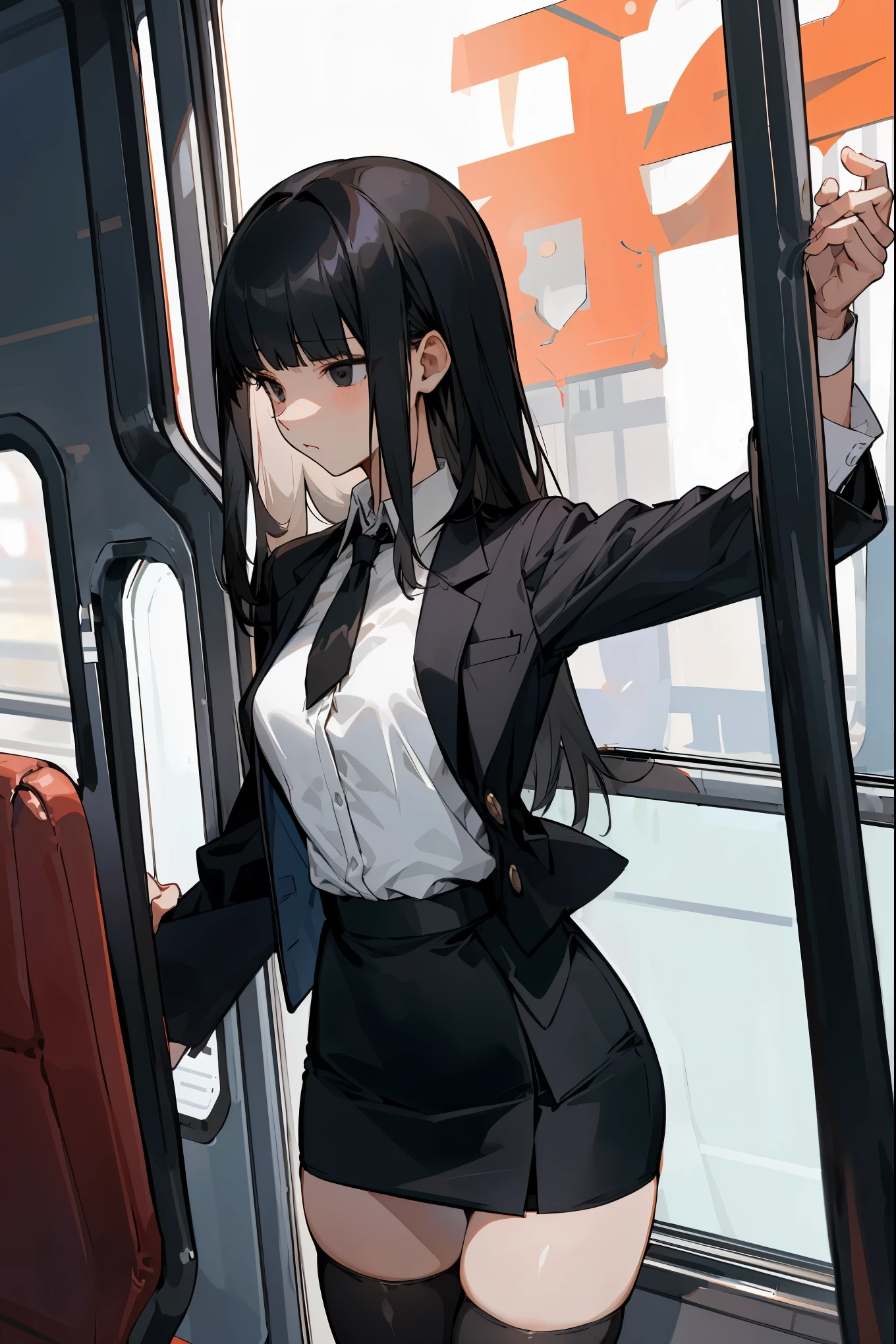masterpiece,best quality,1woman solo,cowboy shot,20 year old beauty、black hair,long hair,blunt bangs,black eyes,shy look、ideal ratio body proportions,slender body,medium breasts,gleaming skin,Perfect Anatomy:1.2,standing,,(black blazer jacket、white shirt、black tie、black tight skirt、mini skirt、thigh_gap, black_thighhighs),train、Inside the car、seat、congestion、Tokyo、