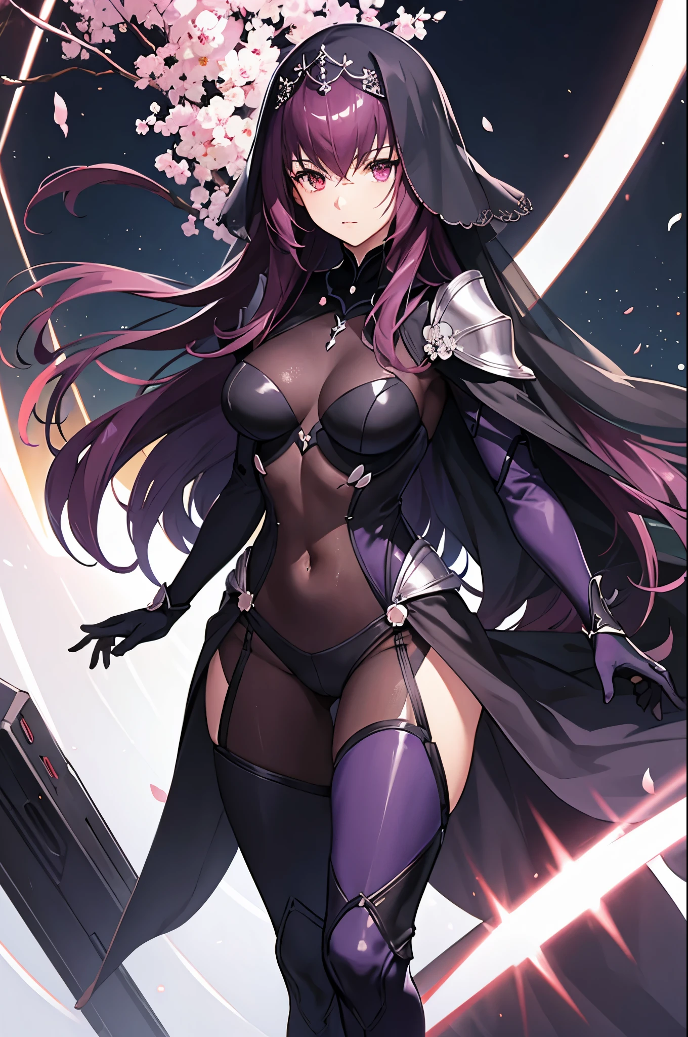 armor, bodysuit, pauldrons, purple bodysuit, shoulder armor, thighs, veil, black veil, scathach from (fate), scathach, flowery field