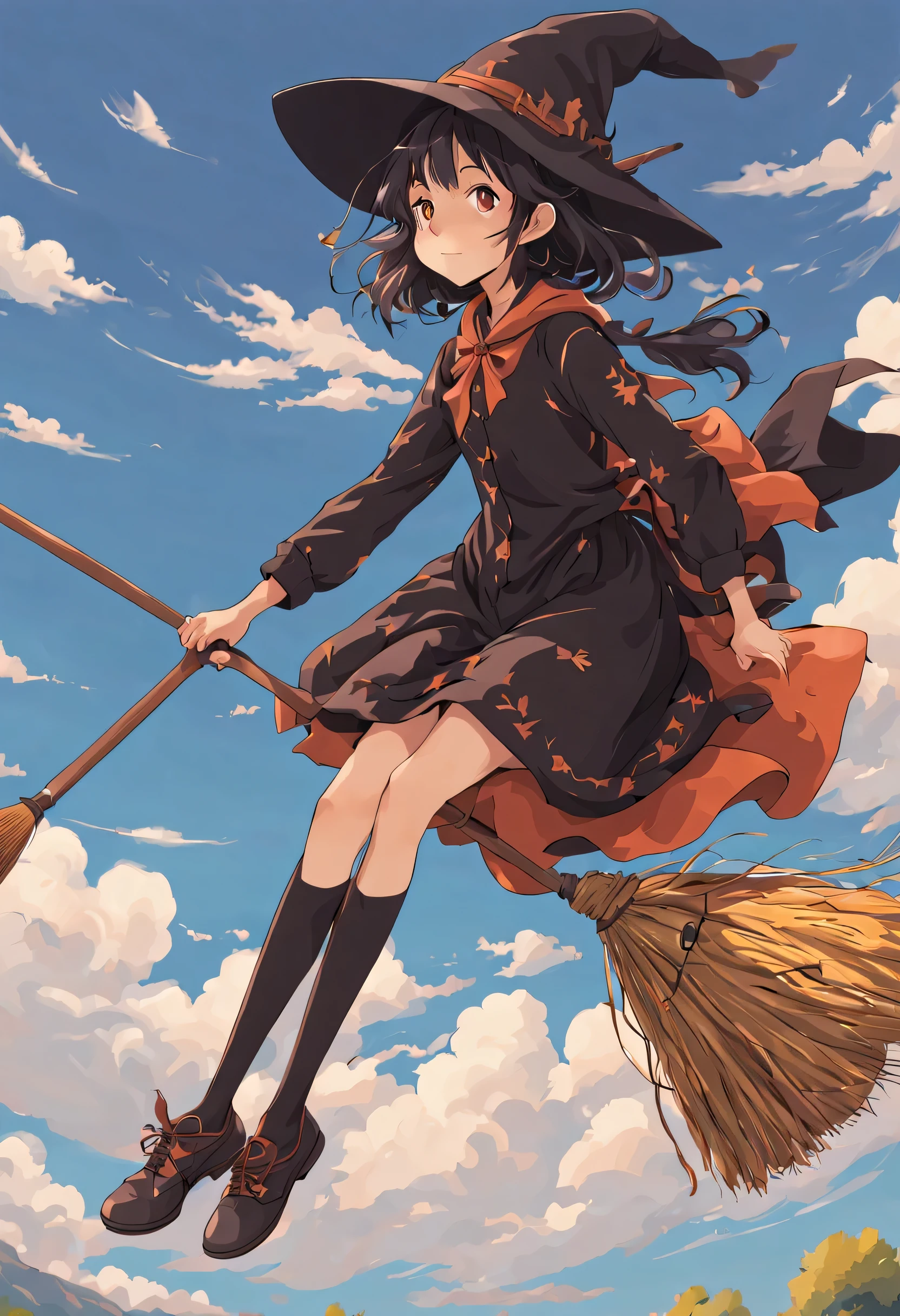 1 girl, alone,Flying Witch,Broom ride,anatomically correct