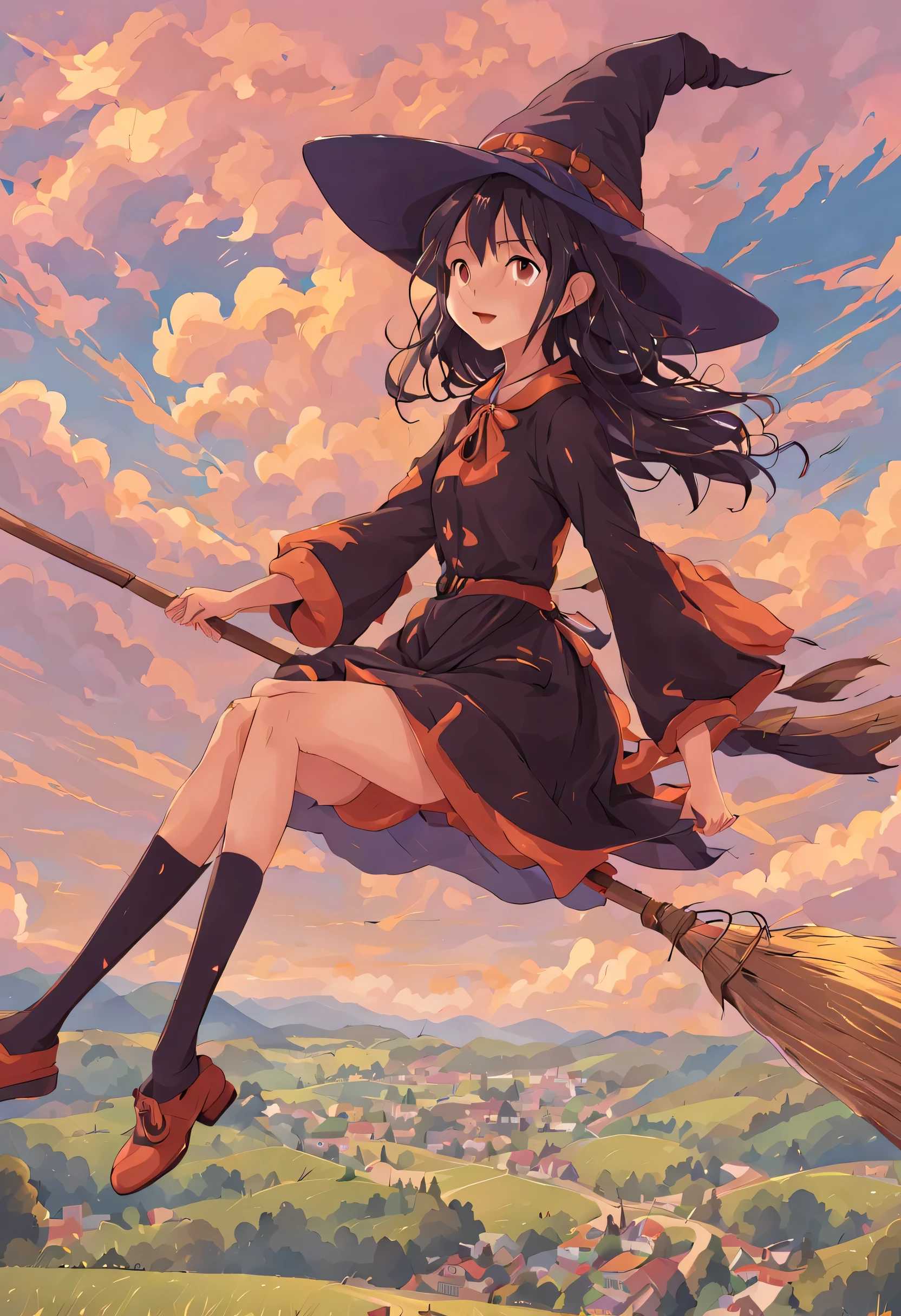 1 girl, alone,Flying Witch,Broom ride,anatomically correct