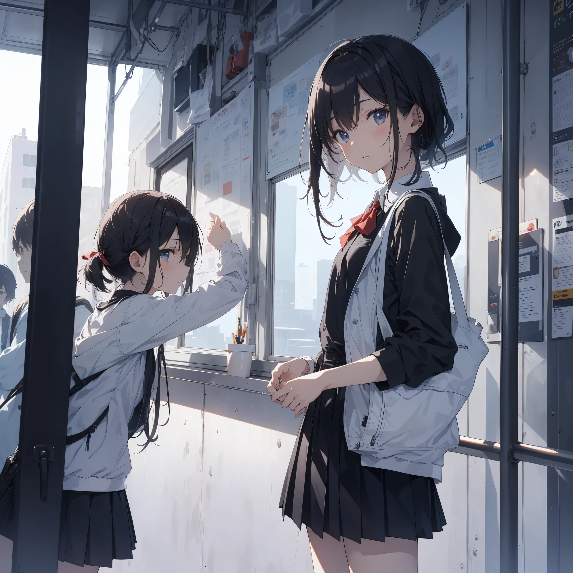 Ultra-highest quality by the art god, super detailed, High resolution, anime moe art style, Best Anime 8K Kona-chan Wallpaper, pixiv contest winner, perfect anatomy, break,(眠そうにalone学校へ行く女の子を描いてください. )break, 1 girl, (alone,little woman, , 13 years old:1.3),All limbs, full finger,, The charm of an immature body, (very short hair), flat chest, small ass, between legs, small black eyes, detailed and beautiful eyes, Well-proportioned iris and pupils, expressive eyes, High resolutionの詳細な髪, ribbon, skirt, collared shirt, Ascot, pleated skirt, school uniform, shirt, white shirt, school bag,(detailed lighting), (detailed background), On the way to school. break,super dense skin, Best lighting by famous artists, 8k, cute illustration,Hmm, rough skin