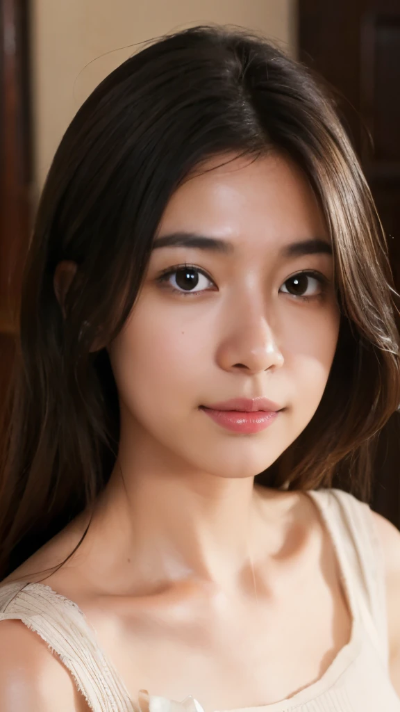 (Highly detailed CG Unity 8K wallpaper, highest quality, super detailed, look at the camera:1.2, light shines on your face:1.5, professional lighting), Female, 39 years old, Japanese nationality, high-quality realistic image, upper body with natural facial illumination. Hair: shoulder-length, straight, dark brown with subtle sun-kissed highlights. Face: oval-shaped with a gentle jawline, natural arching eyebrows, soft brown eyes with a kind expression, a well-proportioned nose, a warm smile with one slightly crooked front tooth. Outfit: casual elegance, pastel-colored cardigan over a simple camisole, understated pearl necklace, a small blemish on the cheek