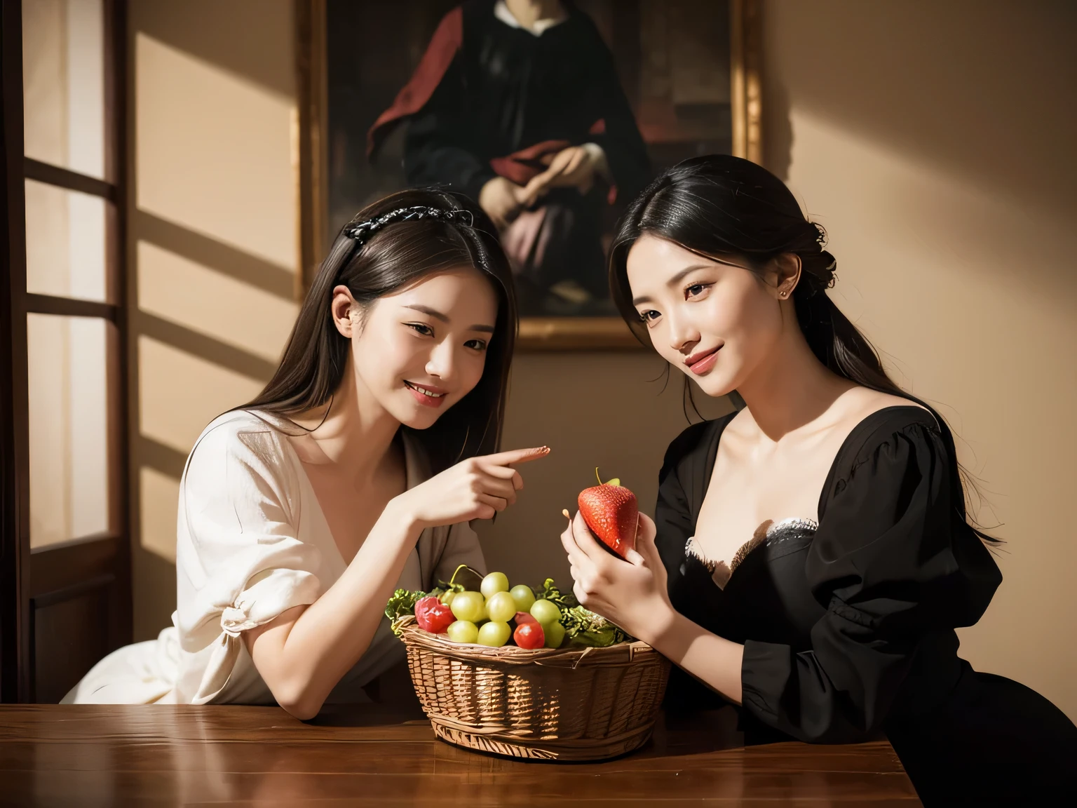 full body portrait ,fruit,grapes,rosa,antique,laughter,,sweet and enchanting appearance.、caravaggio painting、Caravaggio's Chiaroscuro,two women having fun,cute smile, expression of