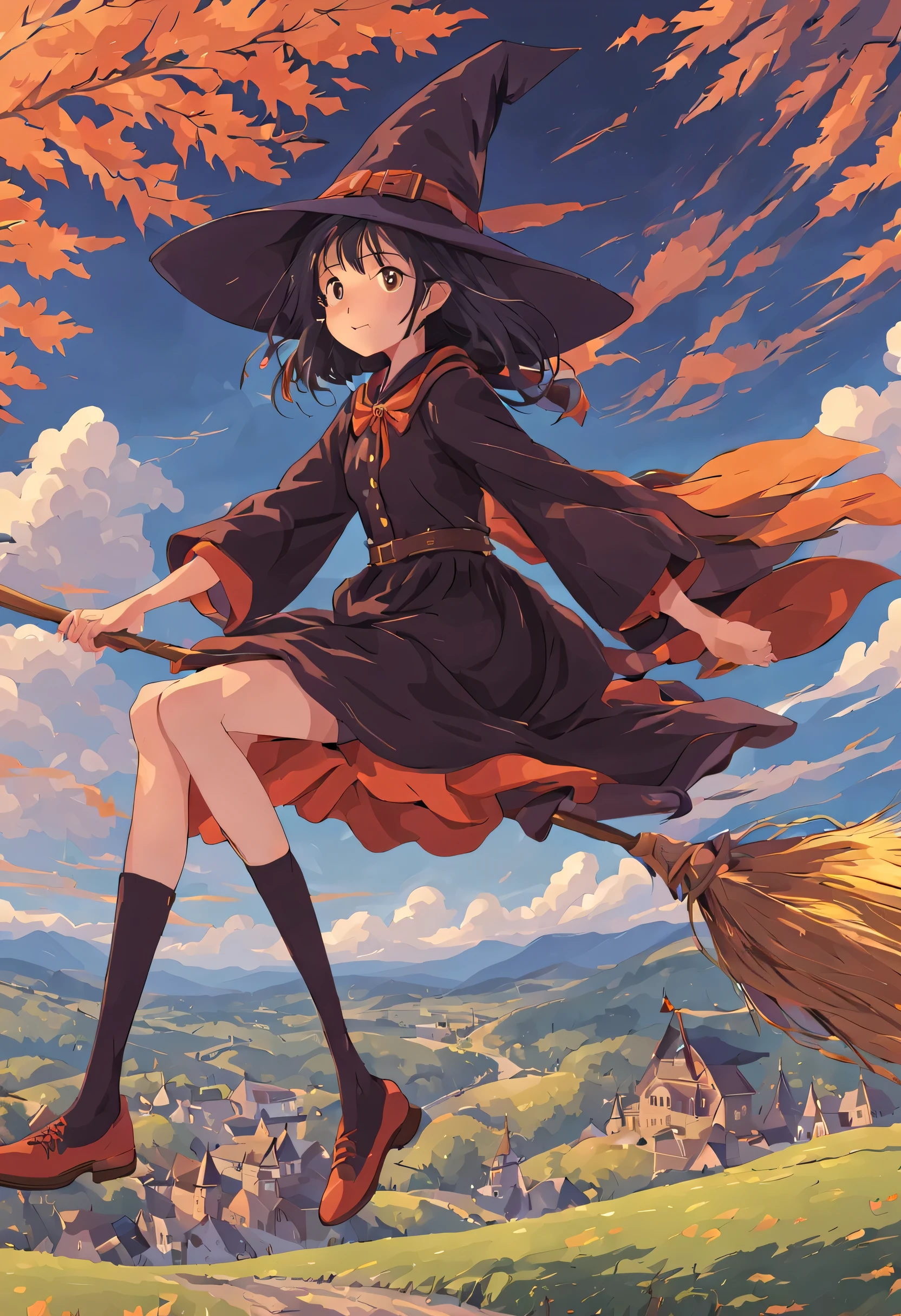 1 girl, alone,Flying Witch,Broom ride,