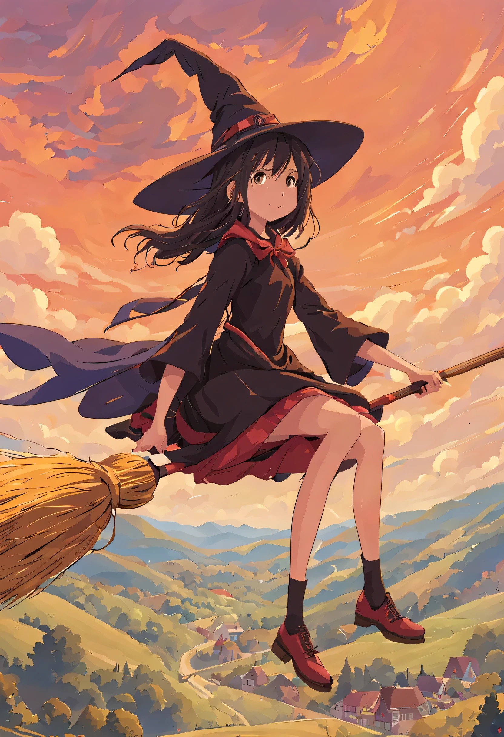 1 girl, alone,Flying Witch,Broom ride,