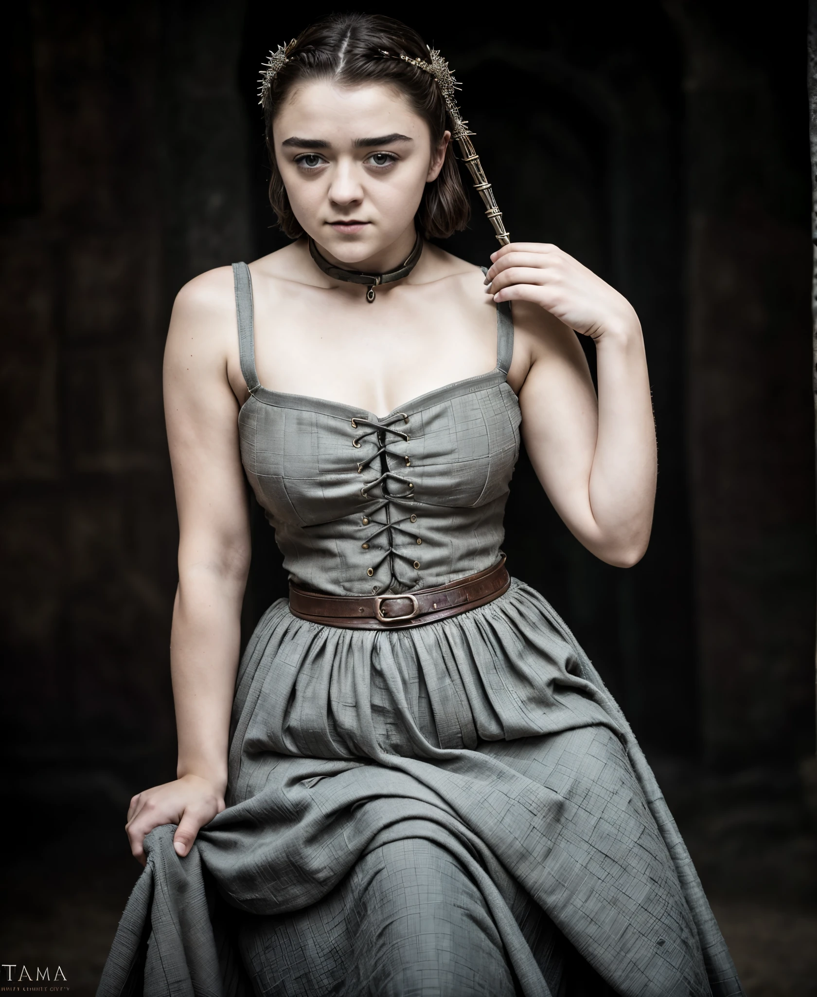 Foto RAW, RAW photograph of Maisie Williams, Arya Stark, Extremely gorgeous lady, Arya Stark PLAYED BY MAISIE WILLIAMS, Queen Arya Stark, she a mature woman now, milf, sexy mediaeval battle dress, gladiator woman, body, 40 years old Woman, body revealing costumes, perky breast, skin pores, big natural breast, erotic costumes, lusty physique, seductive figure can capture every people's attention, Game of thrones costumes, revealing captivating figure, Mediaeval costumes, revealing clothes, A tomboy, she would rather fence than dance, warrior queen , game of thrones screen caps, Game of Thrones Series, (pele altamente detalhada: 1.2), 8k UHD, DSLR, soft-lighting, alta qualidade, grain of film, Fujifilm XT3, flawless picture, highly detailed, detailed Beauty, intricate, 32k, sharp picture,