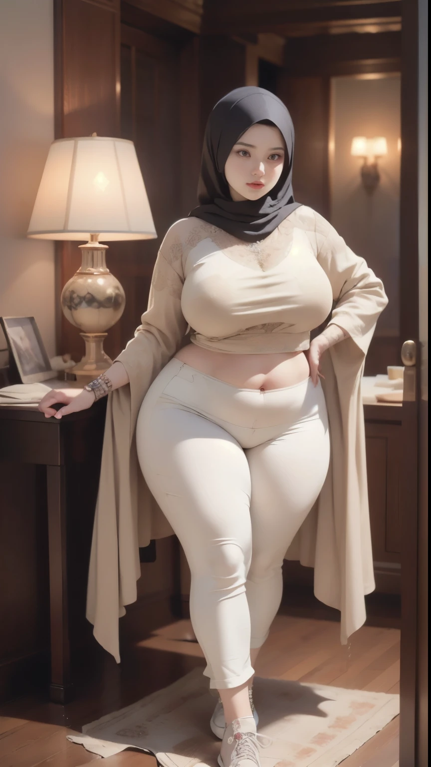 ((best quality)), ((masterpiece)), (detailed), perfect face, araffe woman thick and thight long pants posing for a picture, curvy model,, curvy hourglass figure, sexy longest hand t-shirt, thicc, beautiful full body shot, soft curvy shape, in a longest hand t-shirt, a beautiful woman open legs , bbwchan, , armpits, there is a old woman posing in a dark room with a maroon burka clothes , 43 years old, thick body, beautiful thick female, wide hips, thick legs, she has a jiggly fat round belly, thick thighs, curvy hourglass figure, thicc, curvy model, widest hips, hyperrealistic full figure, bbwchan, voluptuous body, thick, tattooed body, tattooed hands, hena on arm, hena in belly, Burka girl, muslim clothes, 43 years old woman. Burka chubby woman, chubby cheeks, wearing a sneakers, bob hairstyle, thick neck, short neck, there is a woman random pose red-brown hijab, bbwchan, thicc, brown hijab outfit, brown hijab fashion model, korean girl, korean woman, wearing brown robe, full length shot, alluring plus sized model, japanese goddess, clothed in hooded, voluptuous and arousing, portrait shot, curvy model, voluptuous body, wonderful, nene tanaka body , bbwchan, The overall atmosphere is smooth , haunting illustrations, extremely high-resolution details, photographic, realism pushed to extreme, fine texture, 4k, ultra-detailed, high quality, high contrast, red sneakers , cold atmosphere ,, 8k resolution , ultra-detailed resolution , wearing long thight pants, random pose with full body , full body, diamond necklace , wearing a watch , thick arm, thick cheeks , wearing a gold Bracelet