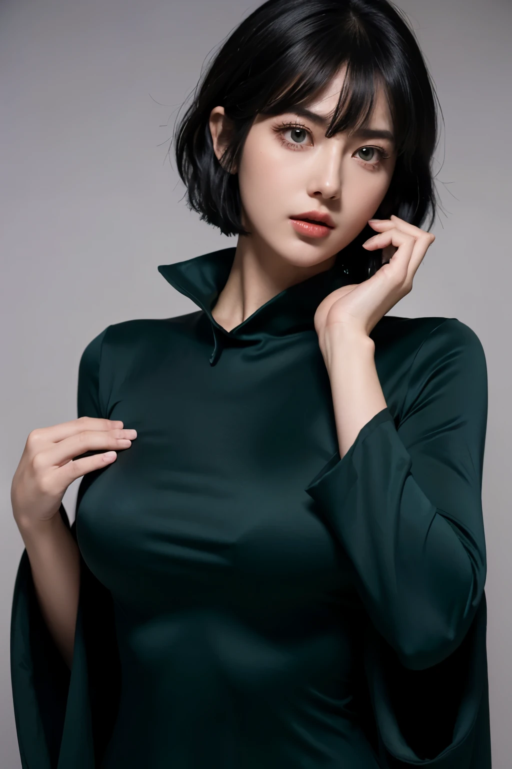 fubuki,,fubuki (One Punch Man),1 girl,big breasts、Green Long Dress,jewelry、Beauty、long sleeve、collar、beautiful woman、beautiful face、superpower