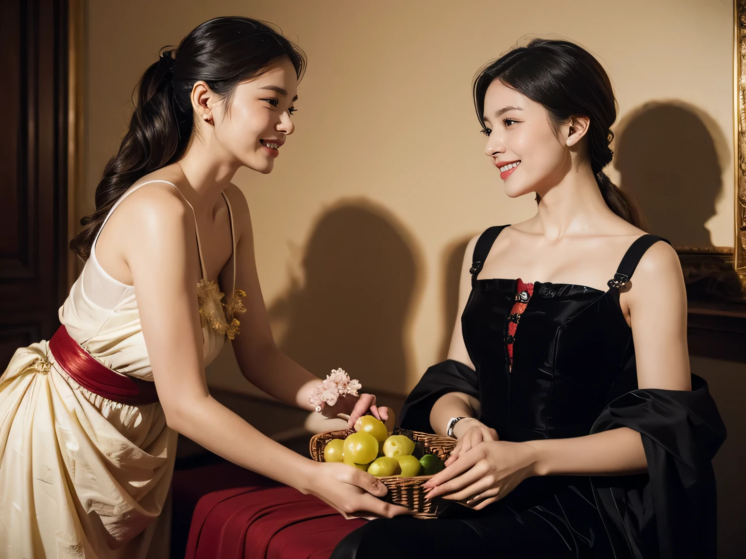 full body portrait ,fruit,grapes,rosa,antique,laughter,,sweet and enchanting appearance.、caravaggio painting、Caravaggio's Chiaroscuro,two women having fun,cute smile, expression of ecstasy