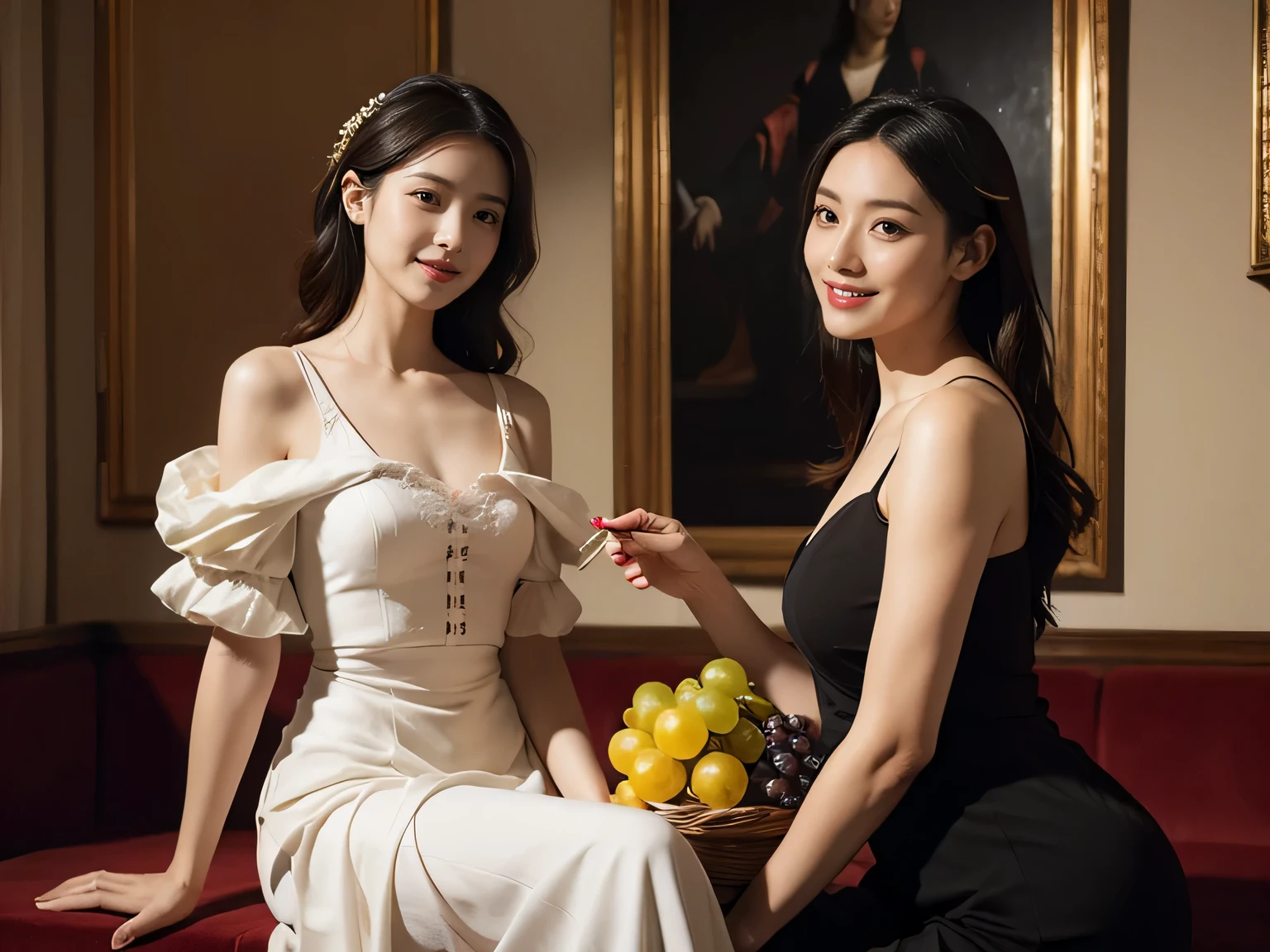 full body portrait ,fruit,grapes,rosa,antique,laughter,,sweet and enchanting appearance.、caravaggio painting、Caravaggio's Chiaroscuro,two women having fun,cute smile, expression of ecstasy