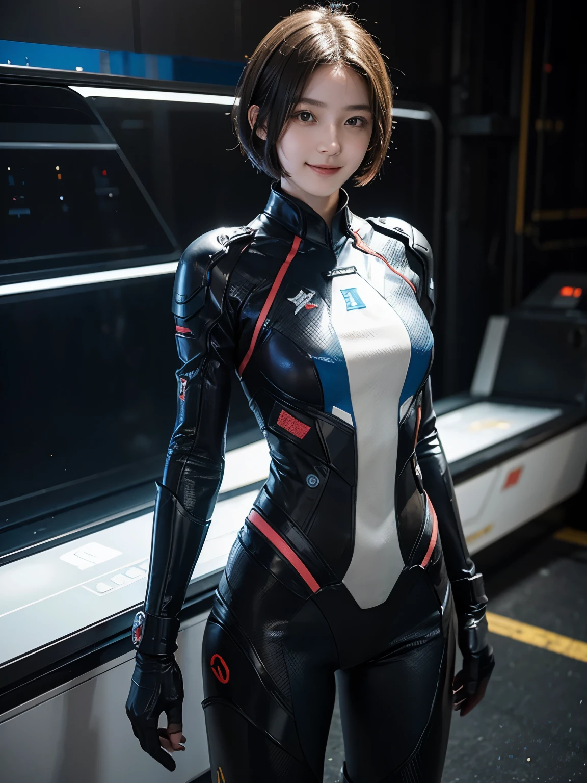 163
Shorthair,  (a 20 yo woman, standing), A hyper-realistic, gentle smile, sci-fi cool suit, (口紅), futuristic fighter aircraft
