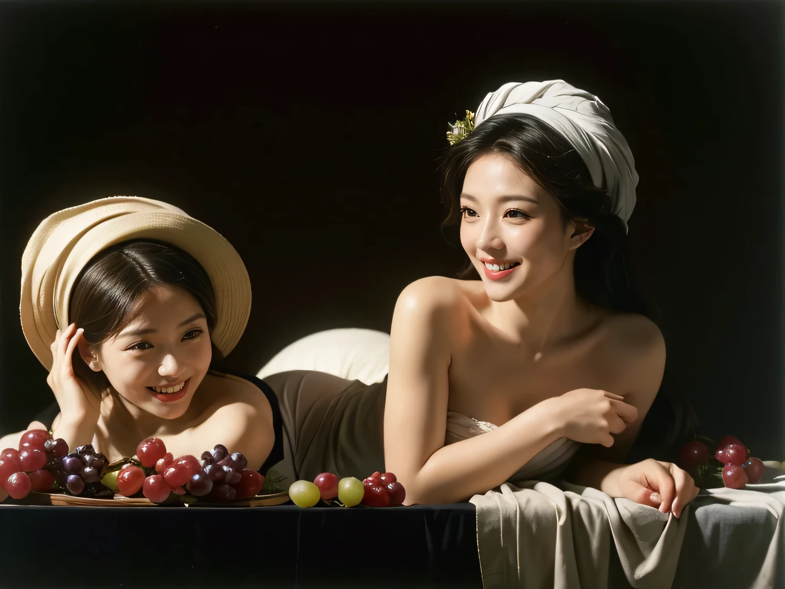 full body portrait ,fruit,grapes,rosa,antique,laughter,,sweet and enchanting appearance.、caravaggio painting、Caravaggio's Chiaroscuro,two women having fun,cute smile, expression of ecstasy