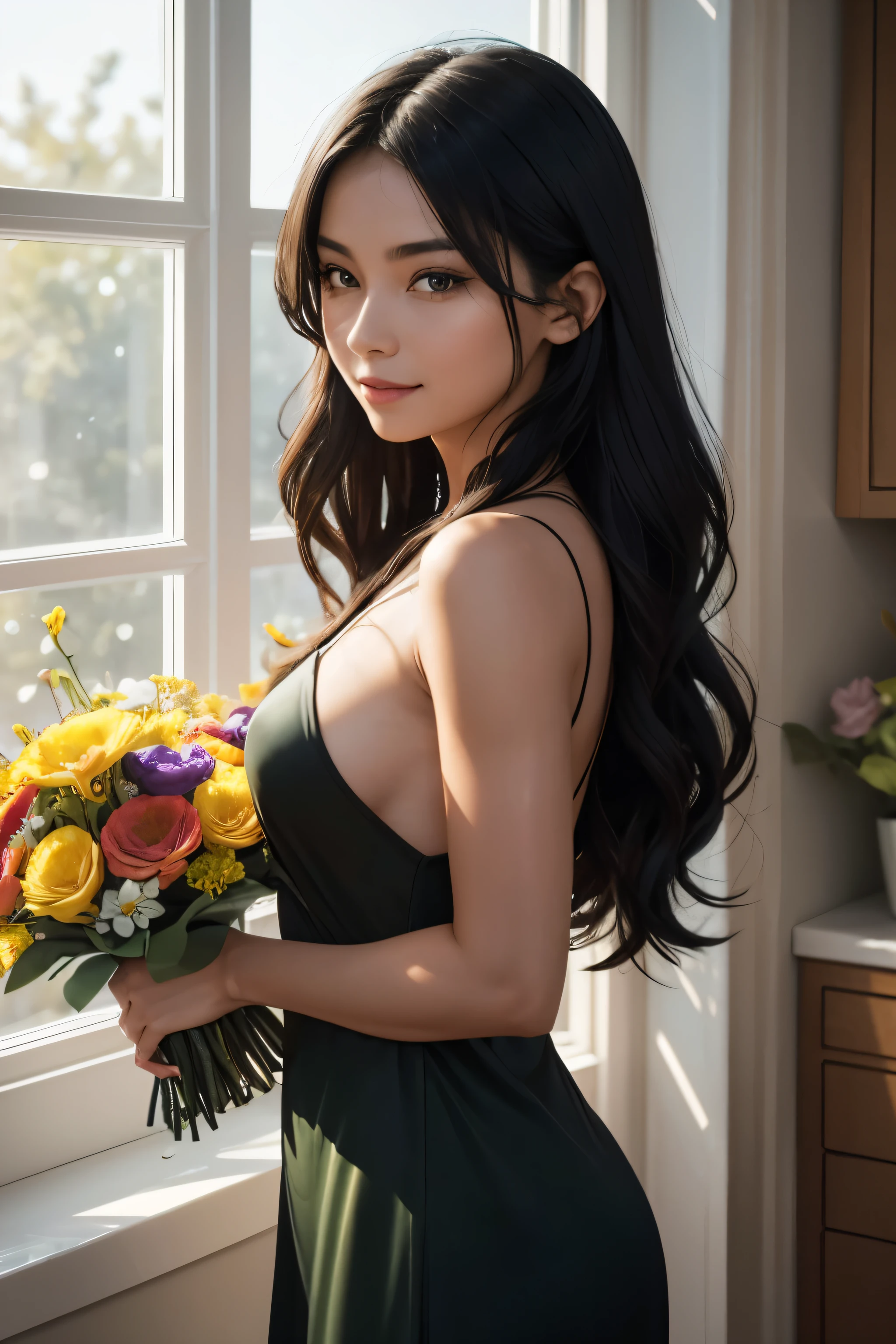 Jet-black shoulder-length hair flows in loose waves, framing her face like a cascade of dark silk. With a toned and athletic body type, Jade exudes confidence and allure. https://image.cdn2.seaart.ai/2024-02-04/cmvqpide878c73ck5kjg/0d590f662fb17cb3aec5b451dbf89089c233cbe9_high.webp Jade stands in a sunlit room, holding a bouquet of vibrant flowers in her hands. Her expression is radiant with gratitude as she gazes at the flowers, a soft smile playing on her lips. Sunlight streams through the window, casting a warm glow on the scene and adding to the sense of warmth and appreciation. The image captures the beauty of the moment and conveys Jade's heartfelt gratitude to the commenter.