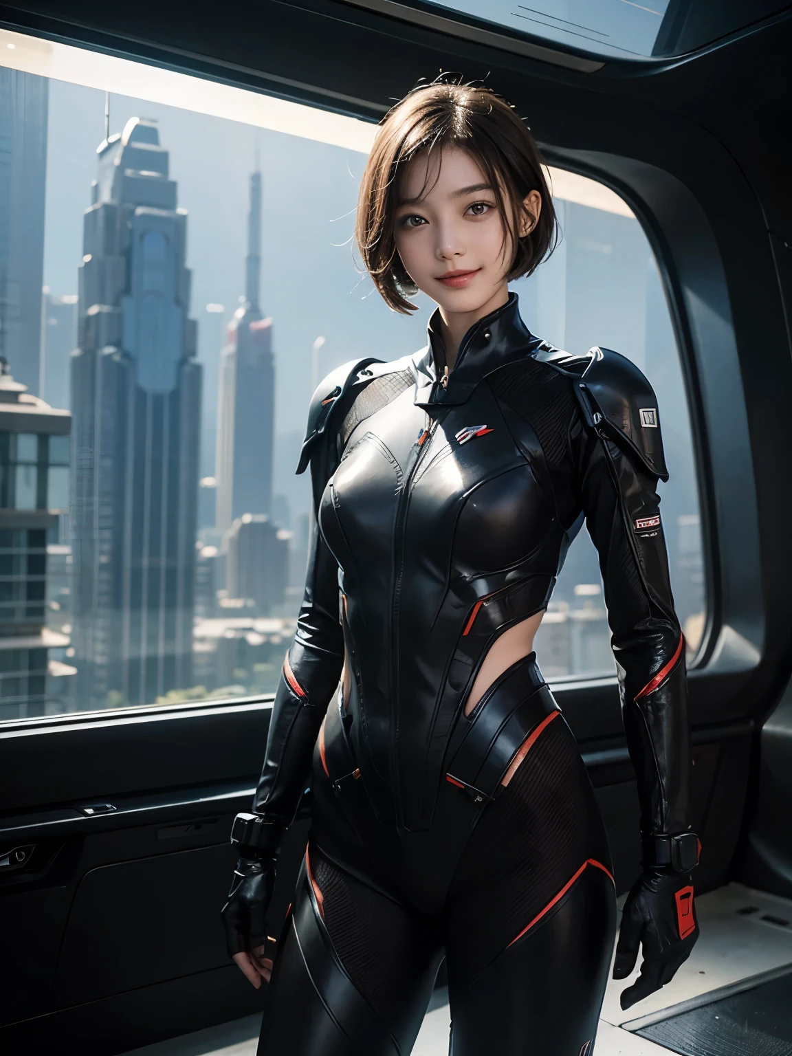 163
Shorthair, (a 20 yo woman, standing), A hyper-realistic, gentle smile, sci-fi cool suit, (口紅), futuristic fighter aircraft