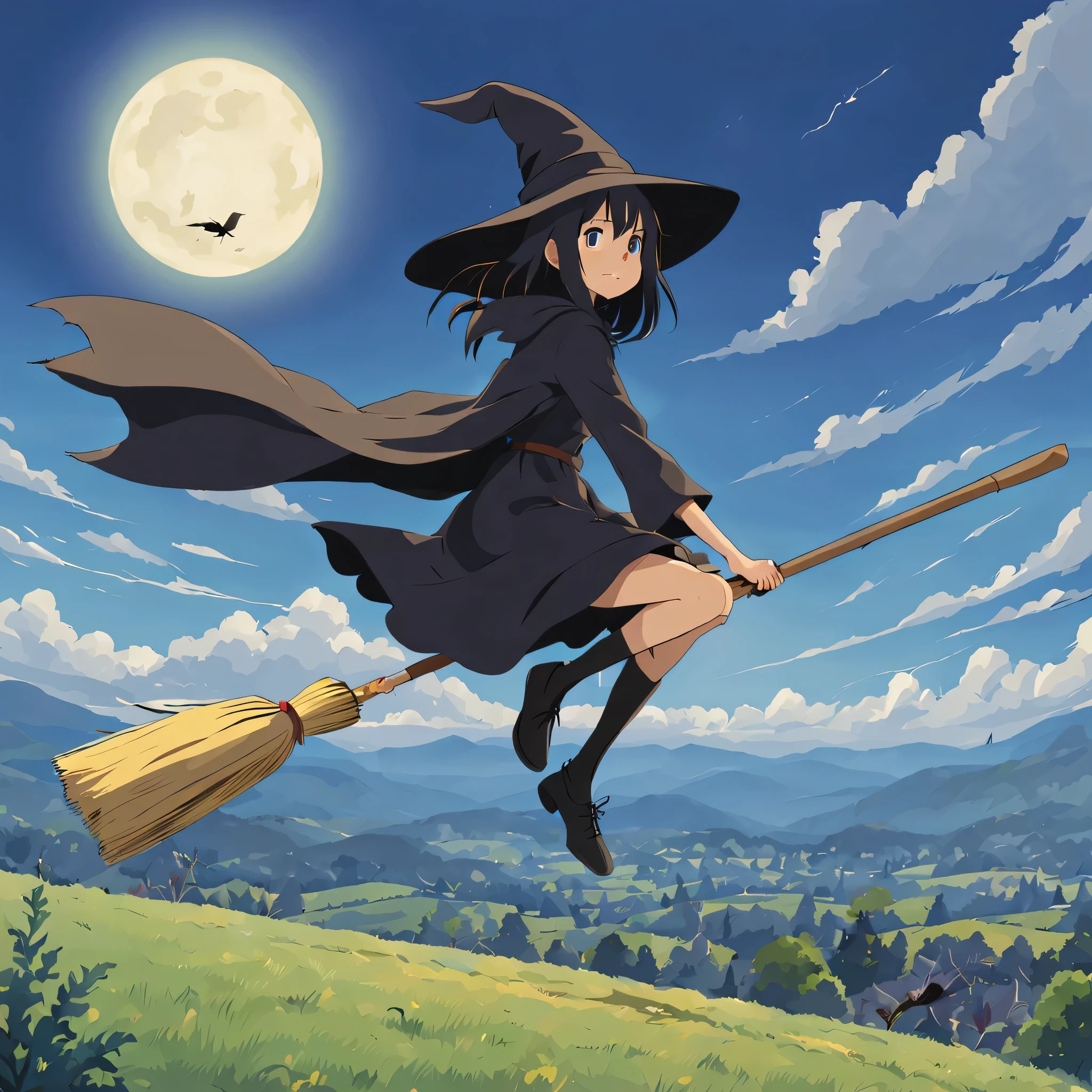 1 girl, alone,Flying Witch,Broom ride,