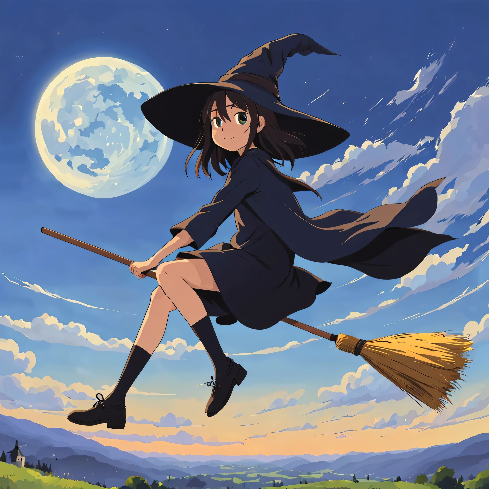 1 girl, alone,Flying Witch,Broom ride,