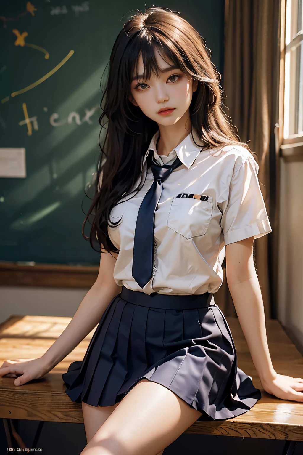 Beautiful skin, shining hair, Long hair, hair bang, hair pin, school uniform, skirt, legs, in room, studio lights, phosphorescent, gentle lights, vibrant colours, intricate details, high quality, masterpiece photography
