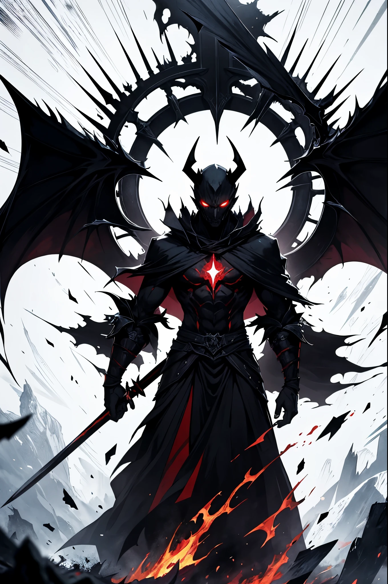 The demon of darkness, He is clothed in a robe of darkness, which absorbs light and liveliness, surrounding him with malice and destruction. He may have a scythe or a sword in his hand, soaked in darkness itself, symbolizing his power over life and death. black, like the night itself, the devil of darkness's skin reflects his submission to absolute darkness. His eyes burn with red flames, like coal braziers, emitting an ominous light, which pierces the darkness and makes you tremble. majestic and formidable, this devil stands at the junction of the world of light and darkness, symbolizing the invincibility of evil and endless malice, which are hidden in the very essence of his being.