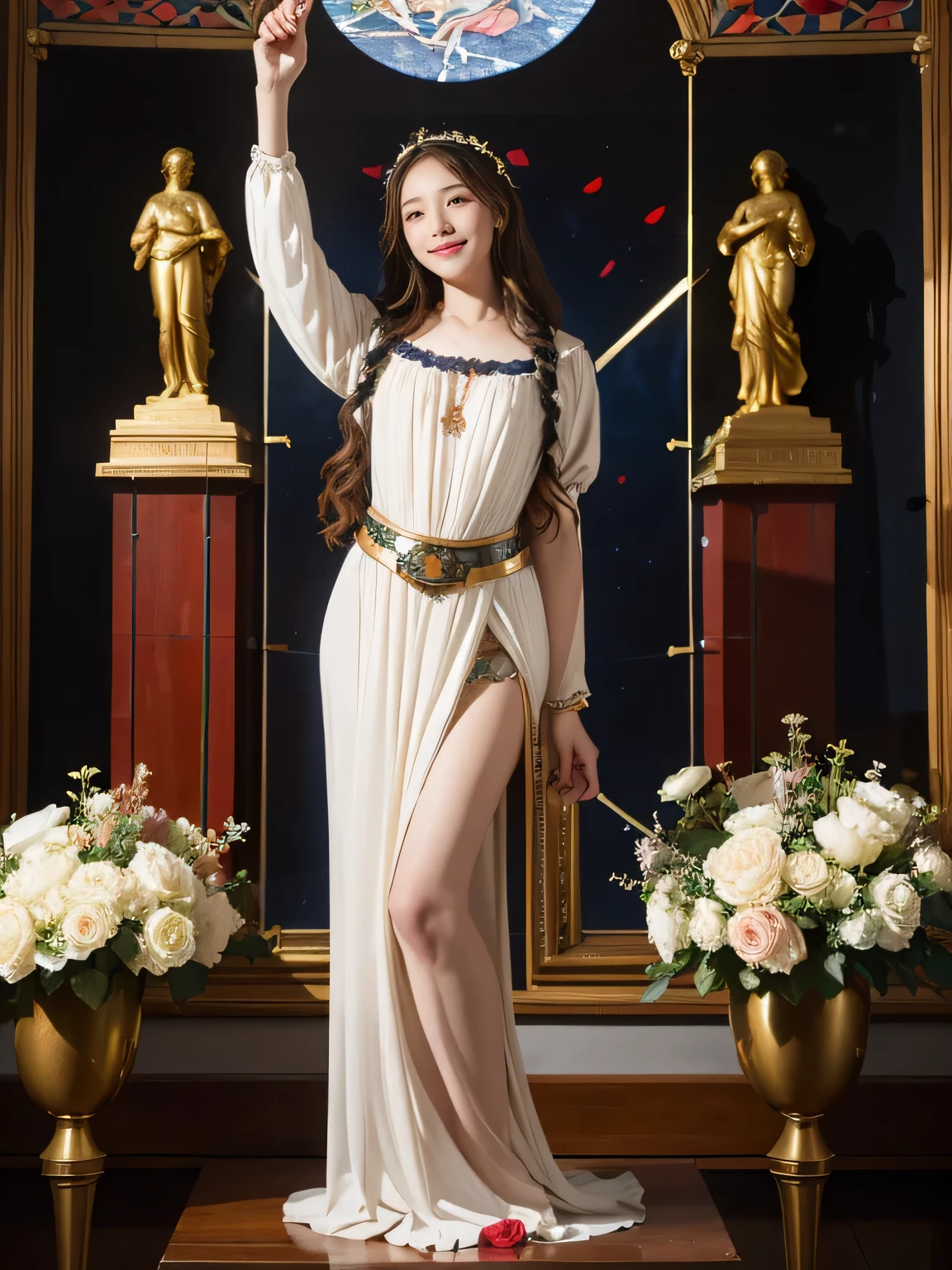 full body portrait or statue、Stained glass、Vigée Leblanc style、math、astronomical machine、astronaut、roses in vase、fruit、Cute trinkets、smile、ancient greek costume、Sandro Botticelli paintings、Costume that stretches your body