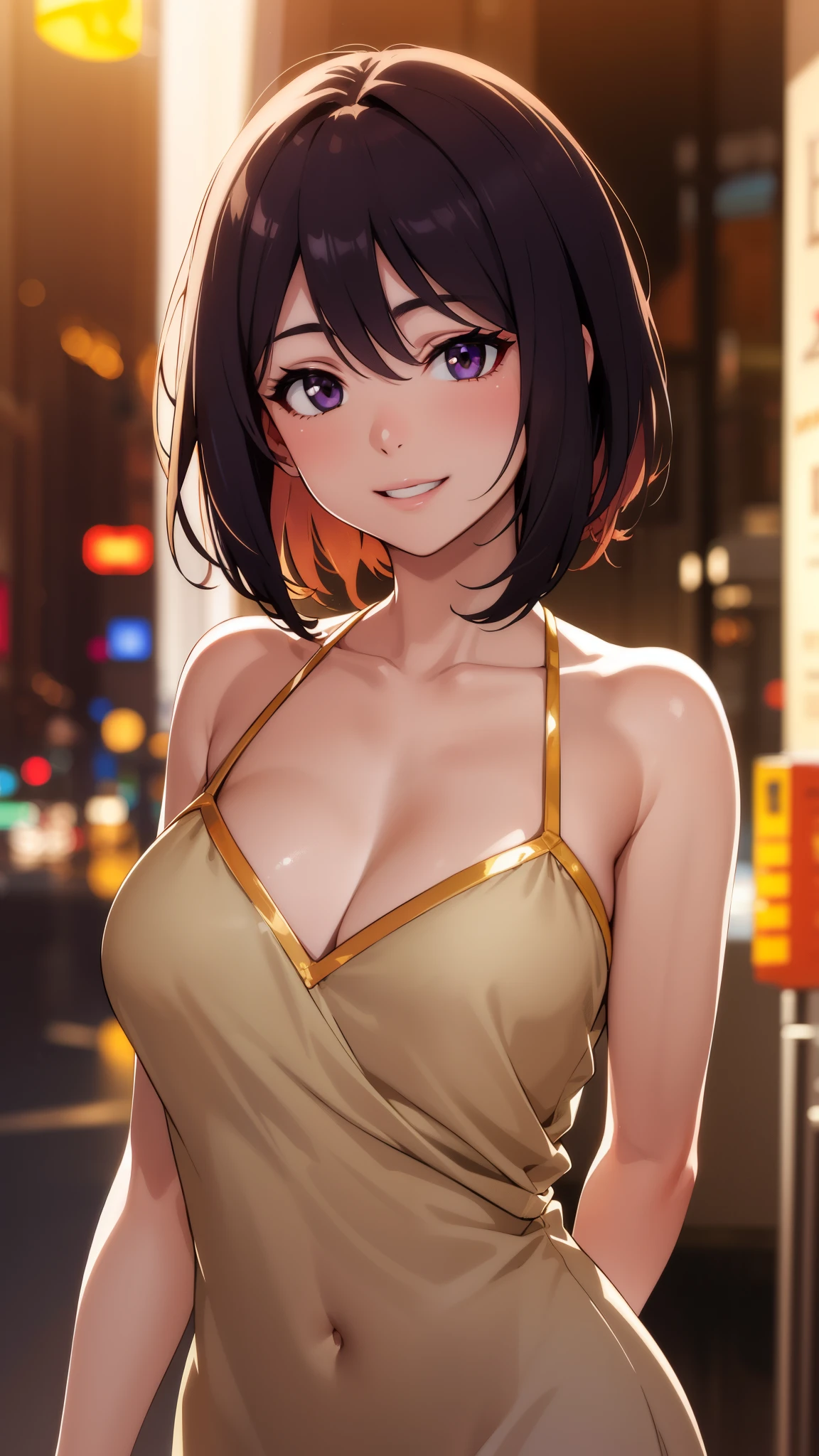 realistic, Golden hour lighting, midi dress, (Upper body), (Charming: 1), (purple short hair: 0.8), ((Puffy eyes)), Facing forward, Smiling, Laughing,Middle chest,