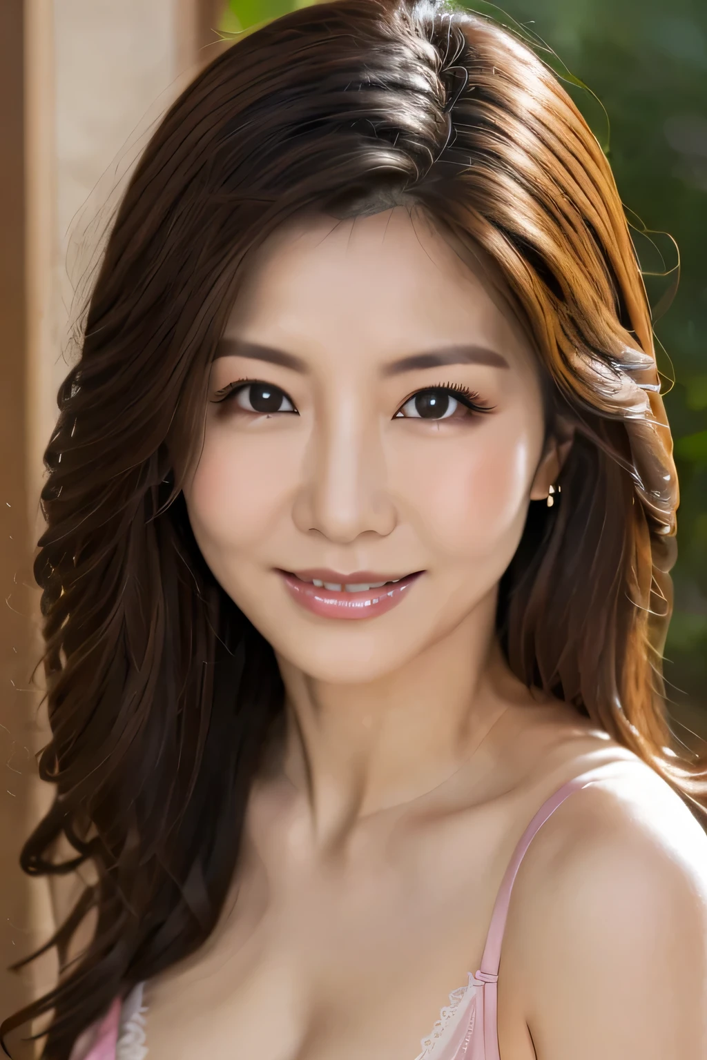 highest quality, masterpiece, night, full moon, 1 girl, middle-aged women, Chinese style, ancient China, younger sister, Imperial younger sister, smile, dark brown hair, black hair, princess cut, Pale pink lip, Calm, intelligence, medium hair, green eyes , hydrangea, cute face, close up of face, close up of hands, Torn lingerie pajamas, beautiful face, realistic, border lighting, two-tone lighting, (expensive) fine skin:1.2), 8k UHD, Digital single-lens reflex camera, soft lighting, expensive quality, volume lighting, photograph, High resolution, 4k, 8k, Bokeh