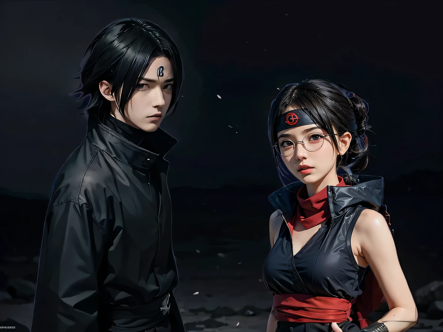 high resolution, masterpiece, fighting together in the dark themed battle field, Sasuke Uchiha, Sarada Uchiha, naruto, war