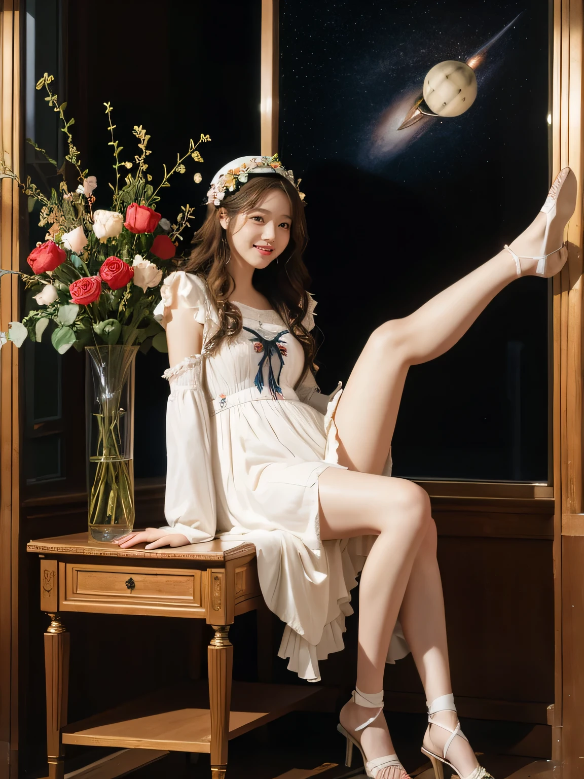 full body portrait or statue、Stained glass、Vigée Leblanc style、math、astronomical machine、astronaut、roses in vase、fruit、Cute trinkets、smile、ancient greek costume、Sandro Botticelli paintings、Costume that stretches your body 