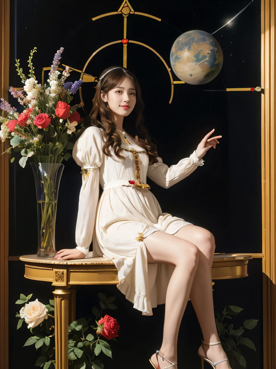 full body portrait or statue、Stained glass、Vigée Leblanc style、math、astronomical machine、astronaut、roses in vase、fruit、Cute trinkets、smile、ancient greek costume、Sandro Botticelli paintings、Costume that stretches your body