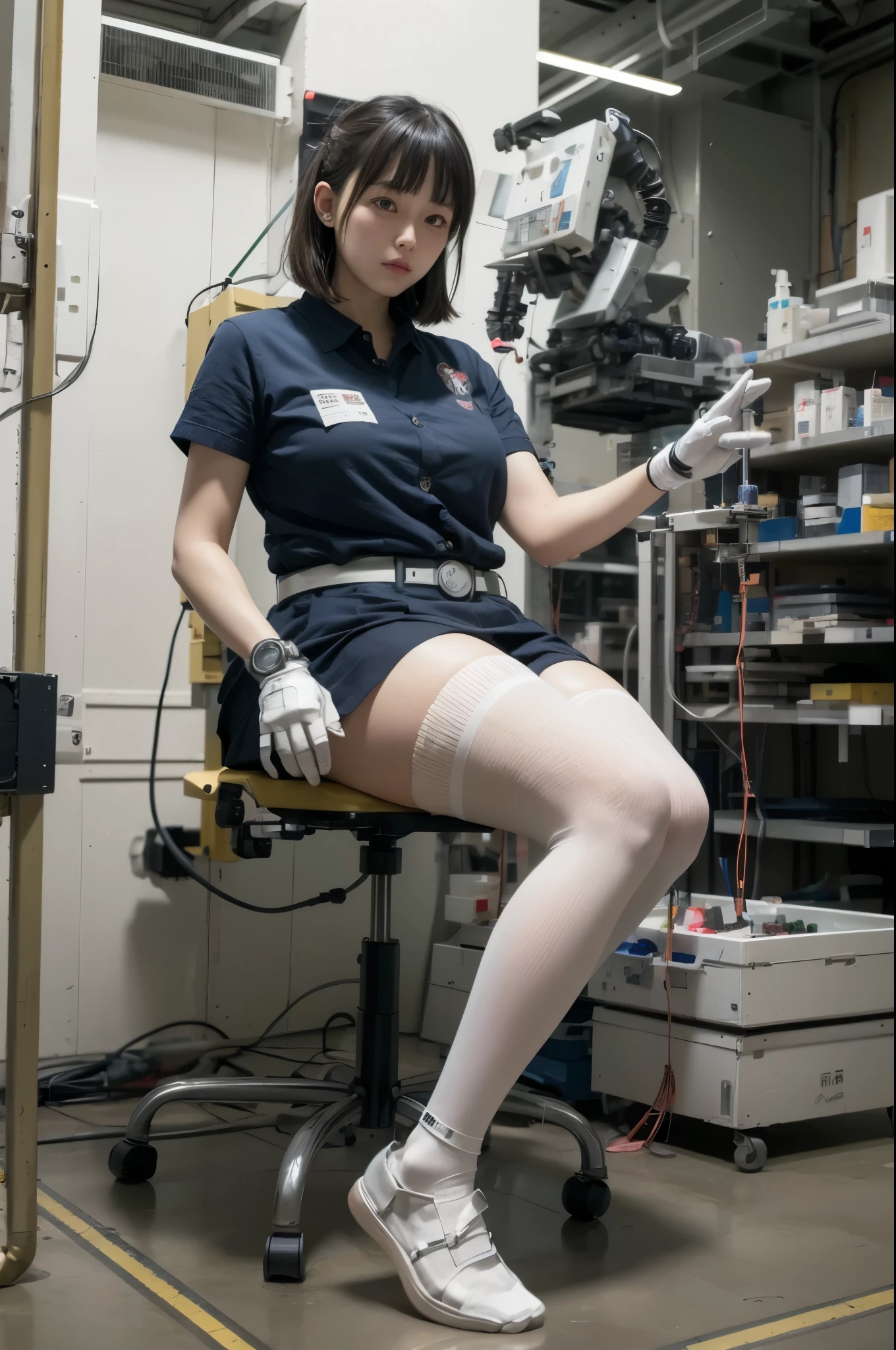 masterpiece, best quality, extremely detailed, Japanese android girl,Plump ,laboratory,android assembly plant,control panels,Squat,Mechanical Hand,Robot arms and legs, robot body,socks,blunt bangs,skirt
