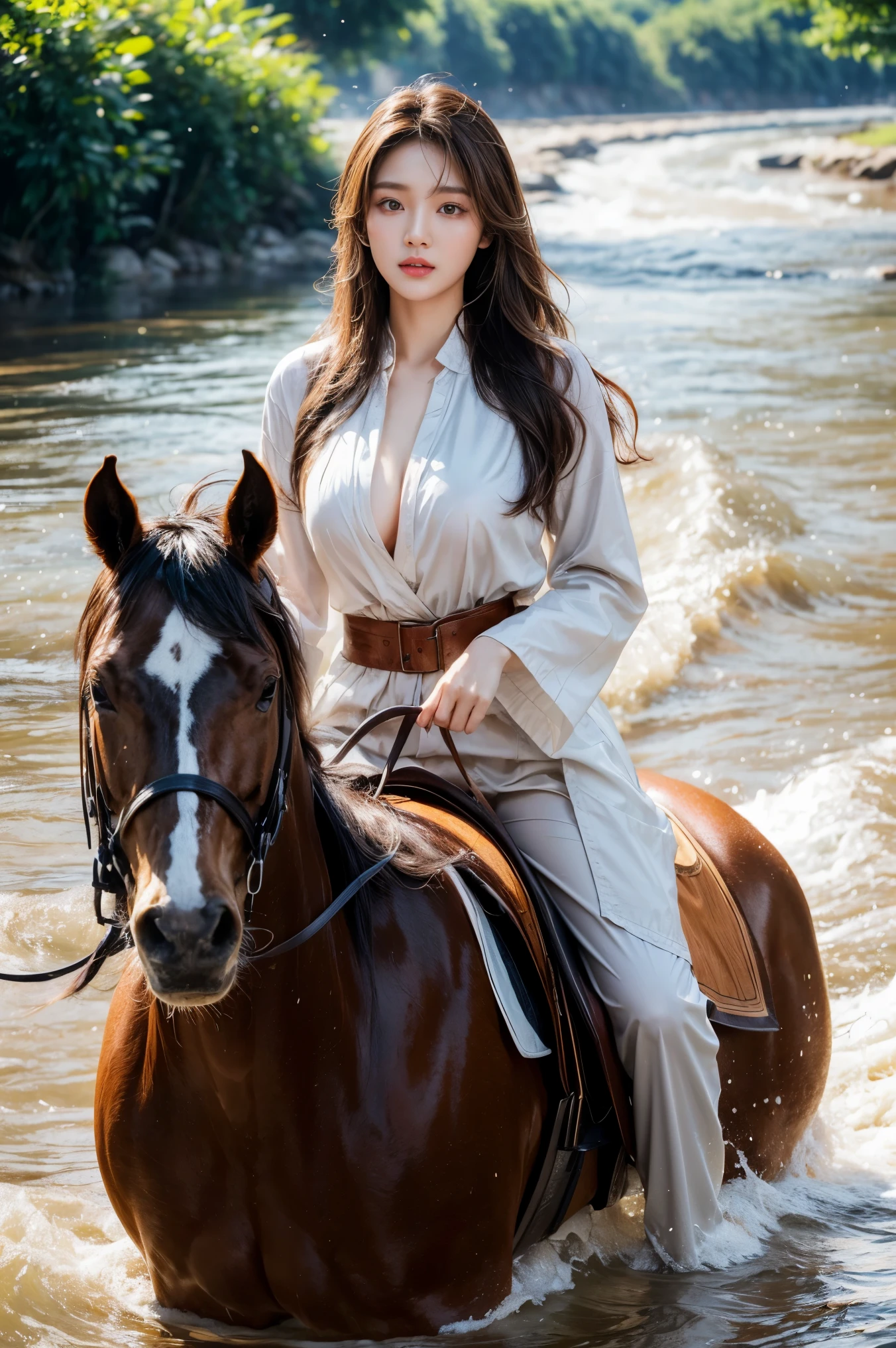 best quality,8k, Detailed facial depictions, Detailed eye description, Brown hair(long wavyhair),beautiful korean girl, 21 years old, slim body, huge breast , was riding a horse in the middle of a river with lots of water splashing , long exposure