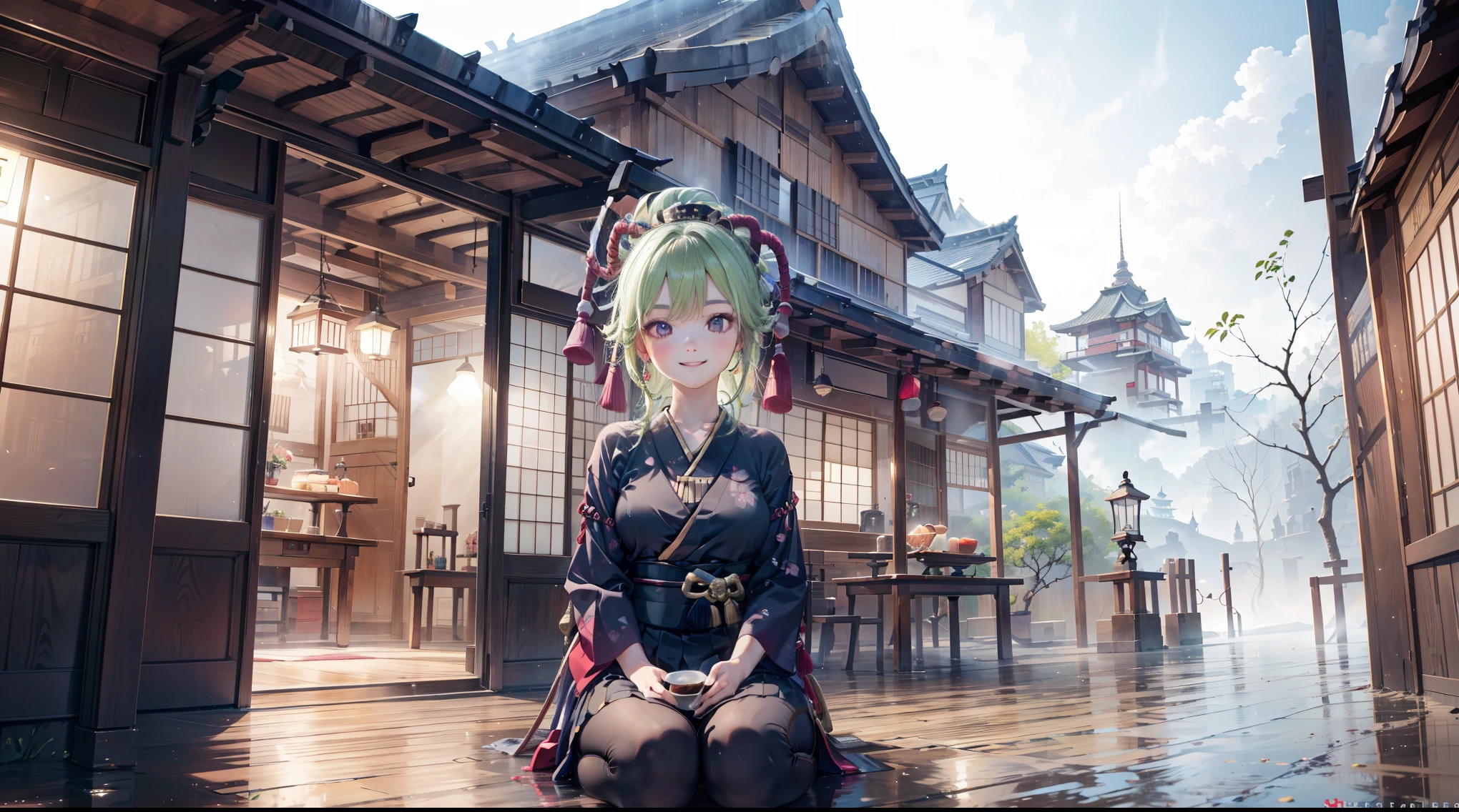(best quality,8k,highres,masterpiece:1.2),(realistic,photorealistic,photo-realistic:1.37), ในตาสีม้วง, ชุดเมดแบบคลาสสิค, traditional Japanese bakery,beautiful detailed eyes,happiness,glowing eyes,smiling,peaceful atmosphere,traditional Japanese clothes,working(คุณภาพดีที่สุด,เต็มรูปแบบ,โฆษณา:1.2),แสงสว่างและอบอุ่น,หวานง่มงวง,ความสุขบริบูรณ์,รอยยิ้มสดใส,sakura tree,tranquil,aroma scent,dreamlike,vivid colors,subtle lighting,traditional Japanese tea set,lively ambiance