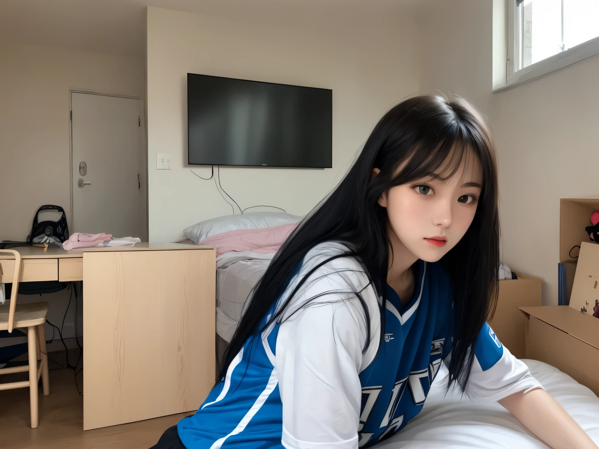 masterpiece, highest quality, 1 girl, green eyes、long black hair, blue jersey, home bedroom
