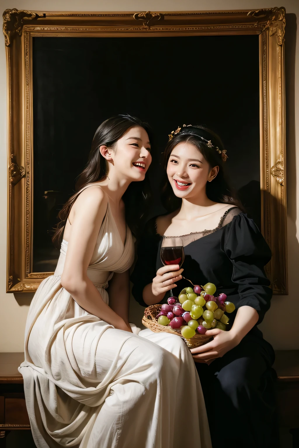 full body portrait ,fruits,grapes,rosa,antique,laughter,,sweet and enchanting appearance.、caravaggioの絵画、caravaggio'chiaroscuro,Two women having fun,cute smile, expression of ecstasy