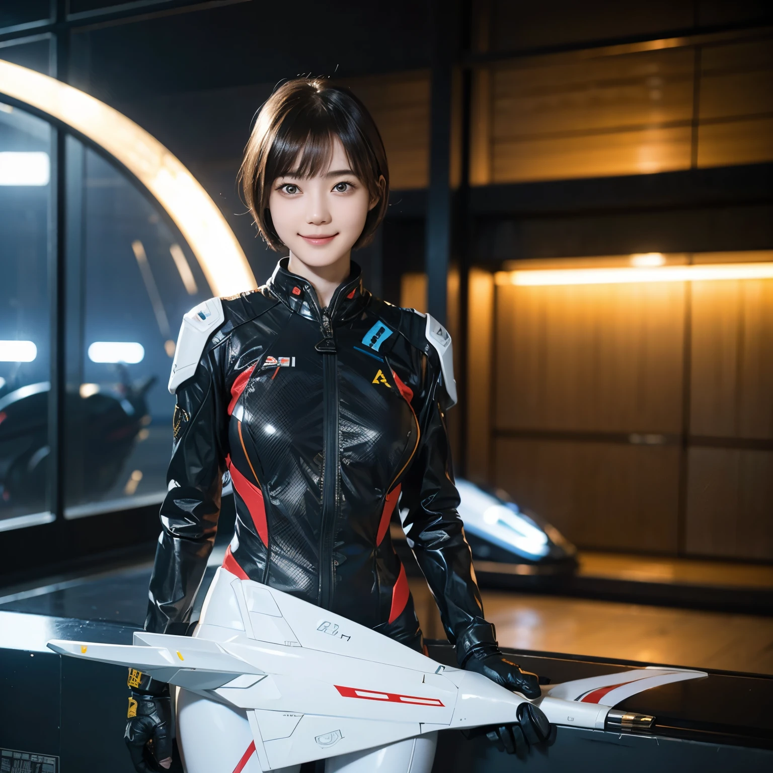 163
Shorthair, (a 20 yo woman, standing), A hyper-realistic, gentle smile, sci-fi cool suit, (口紅), futuristic fighter aircraft