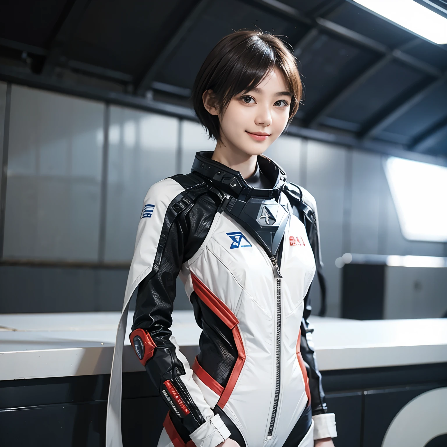 163
Shorthair, (a 20 yo woman, standing), A hyper-realistic, gentle smile, sci-fi cool suit, (口紅), futuristic fighter aircraft