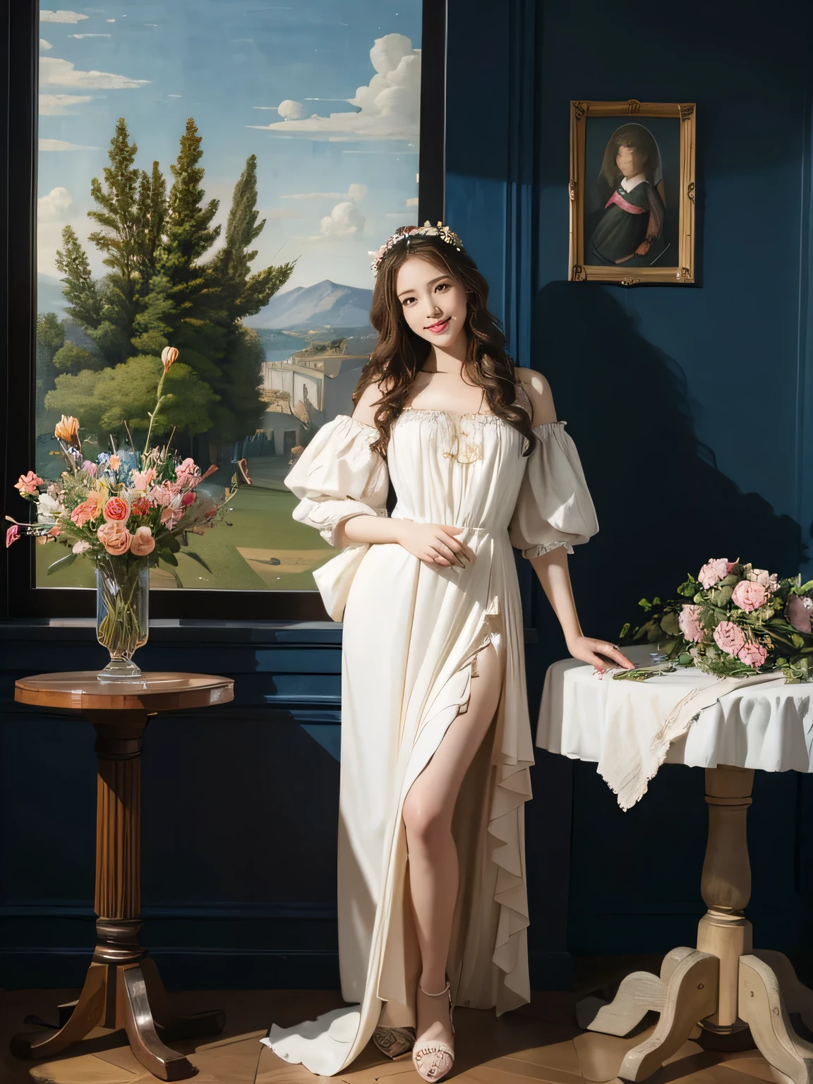 full body portrait or statue、Stained glass、Vigée Leblanc style、math、astronomical machine、astronaut、roses in vase、fruit、Cute trinkets、smile、ancient greek costume、Sandro Botticelli paintings、Costume that stretches your body