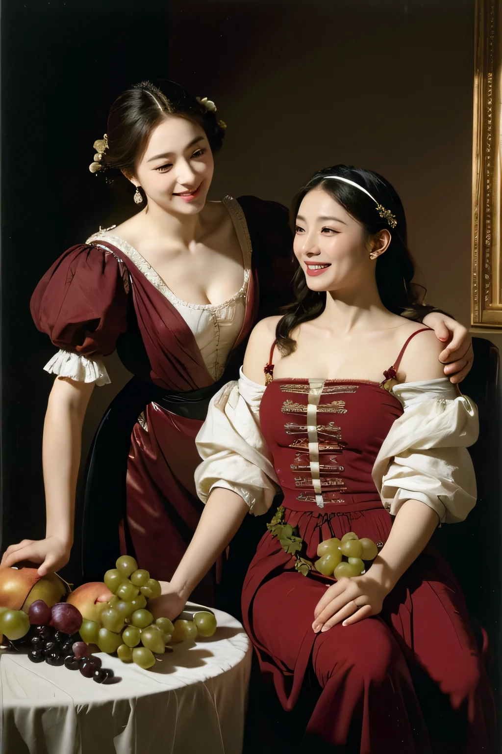 full body portrait ,fruits,grapes,rosa,antique,laughter,,sweet and enchanting appearance.、caravaggioの絵画、caravaggio'chiaroscuro,Two women having fun,cute smile, expression of ecstasy