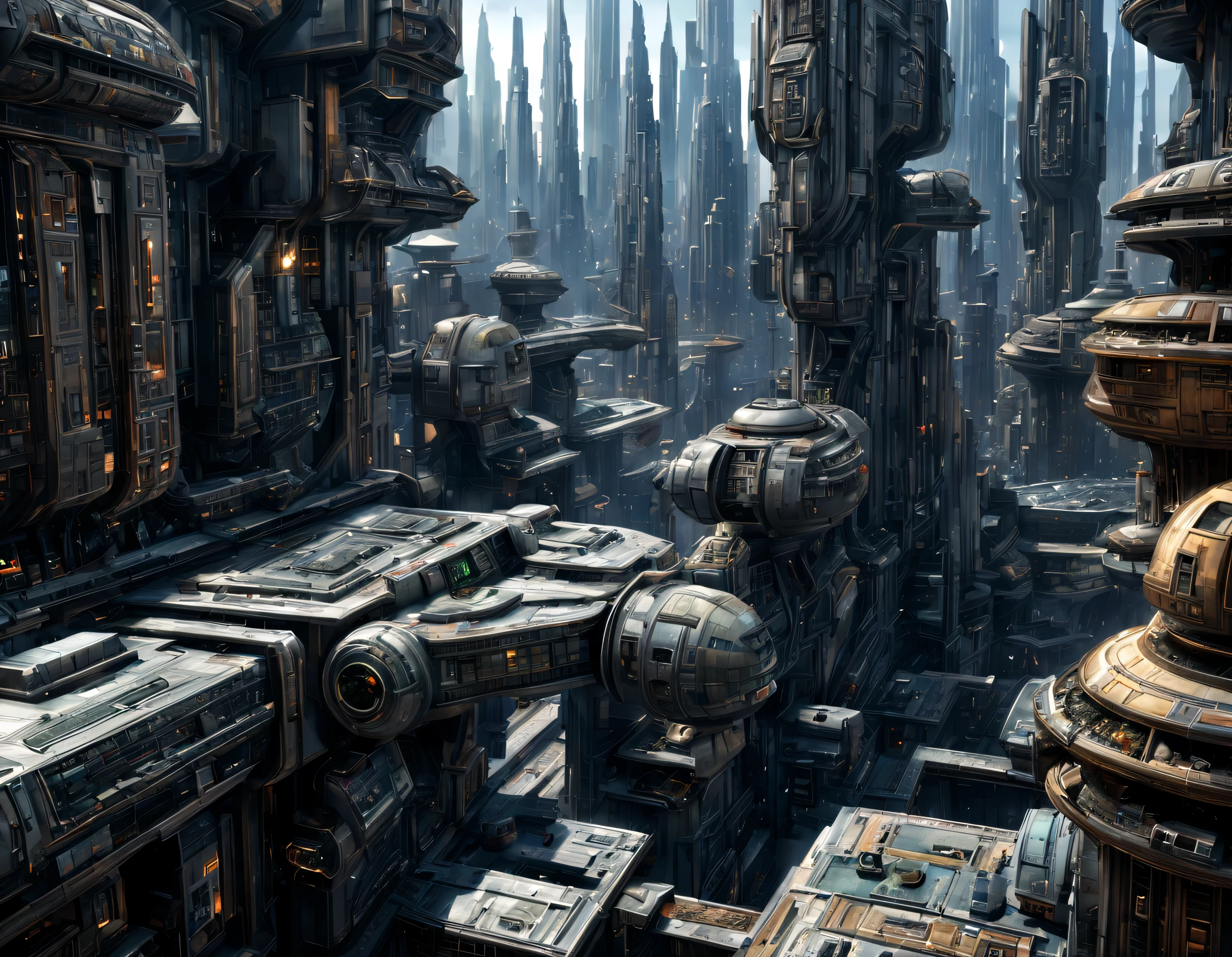 (The city of Coruscant from Star Wars as designed by Doug Chiang), futuristic fantasy city with immense buildings of technological design (que forman una avenida infinita), non-blurred compact buildings with metallic y acristalada appearance ovalados y dodecaedricos, luces en ventanas en edificios, daylight lighting with sun, con estructuras acristaladas espectaculares, en las que abundan el oro, plata y bronce, (con colores vivos). pavimento ensolado (sin brillo). gente paseando. imagen bien definida con muchos edificios juntos. sharp well defined 8k image. los edificios llegan alta el fondo.,8k. cinematographic image. ((obra maestra de superior calidad)). (renderizado 3D). fondo nitido.