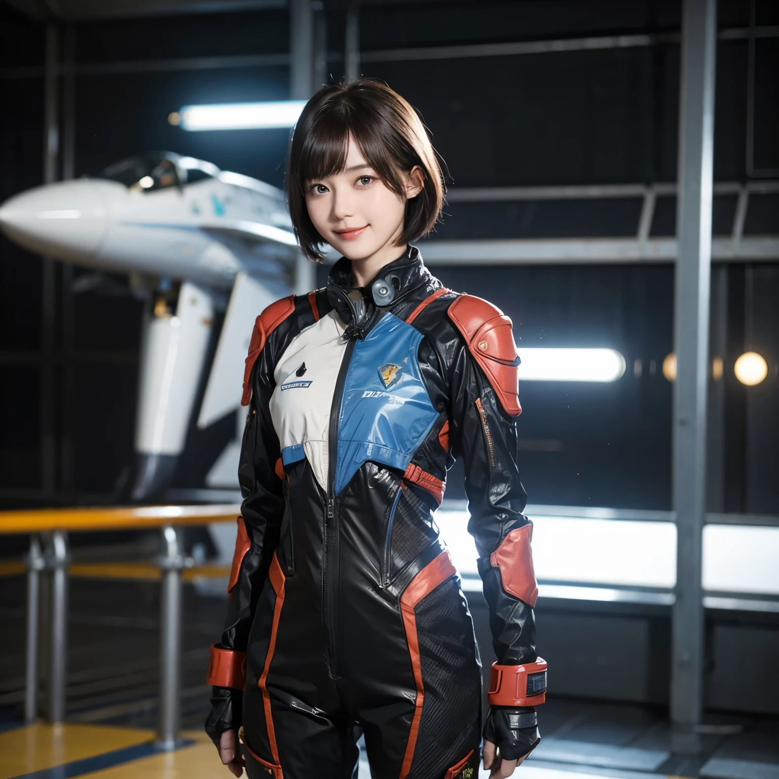 163
Shorthair,  (a 20 yo woman, standing), A hyper-realistic, gentle smile, sci-fi cool suit, (口紅), futuristic fighter aircraft
