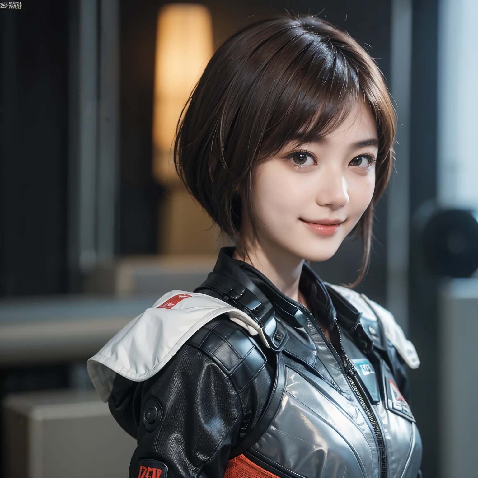 163
Shorthair, (a 20 yo woman, standing), A hyper-realistic, gentle smile, sci-fi cool suit, (口紅), futuristic fighter aircraft