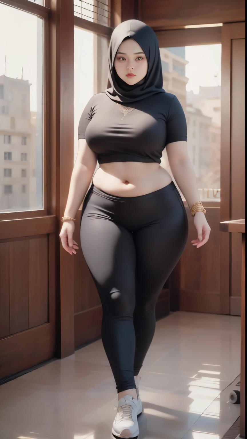 ((best quality)), ((masterpiece)), (detailed), perfect face, araffe woman thick and thight long pants posing for a picture, curvy model,, curvy hourglass figure, sexy longest hand t-shirt, thicc, beautiful full body shot, soft curvy shape, in a longest hand t-shirt, a beautiful woman open legs , bbwchan, , armpits, there is a old woman posing in a dark room with a maroon burka clothes , 43 years old, thick body, beautiful thick female, wide hips, thick legs, she has a jiggly fat round belly, thick thighs, curvy hourglass figure, thicc, curvy model, widest hips, hyperrealistic full figure, bbwchan, voluptuous body, thick, tattooed body, tattooed hands, hena on arm, hena in belly, Burka girl, muslim clothes, 43 years old woman. Burka chubby woman, chubby cheeks, wearing a sneakers, bob hairstyle, thick neck, short neck, there is a woman random pose red-brown hijab, bbwchan, thicc, brown hijab outfit, brown hijab fashion model, korean girl, korean woman, wearing brown robe, full length shot, alluring plus sized model, japanese goddess, clothed in hooded, voluptuous and arousing, portrait shot, curvy model, voluptuous body, wonderful, nene tanaka body , bbwchan, The overall atmosphere is smooth , haunting illustrations, extremely high-resolution details, photographic, realism pushed to extreme, fine texture, 4k, ultra-detailed, high quality, high contrast, red sneakers , cold atmosphere ,, 8k resolution , ultra-detailed resolution , wearing long thight pants, random pose with full body , full body, diamond necklace , wearing a watch , thick arm, thick cheeks , wearing a gold Bracelet
