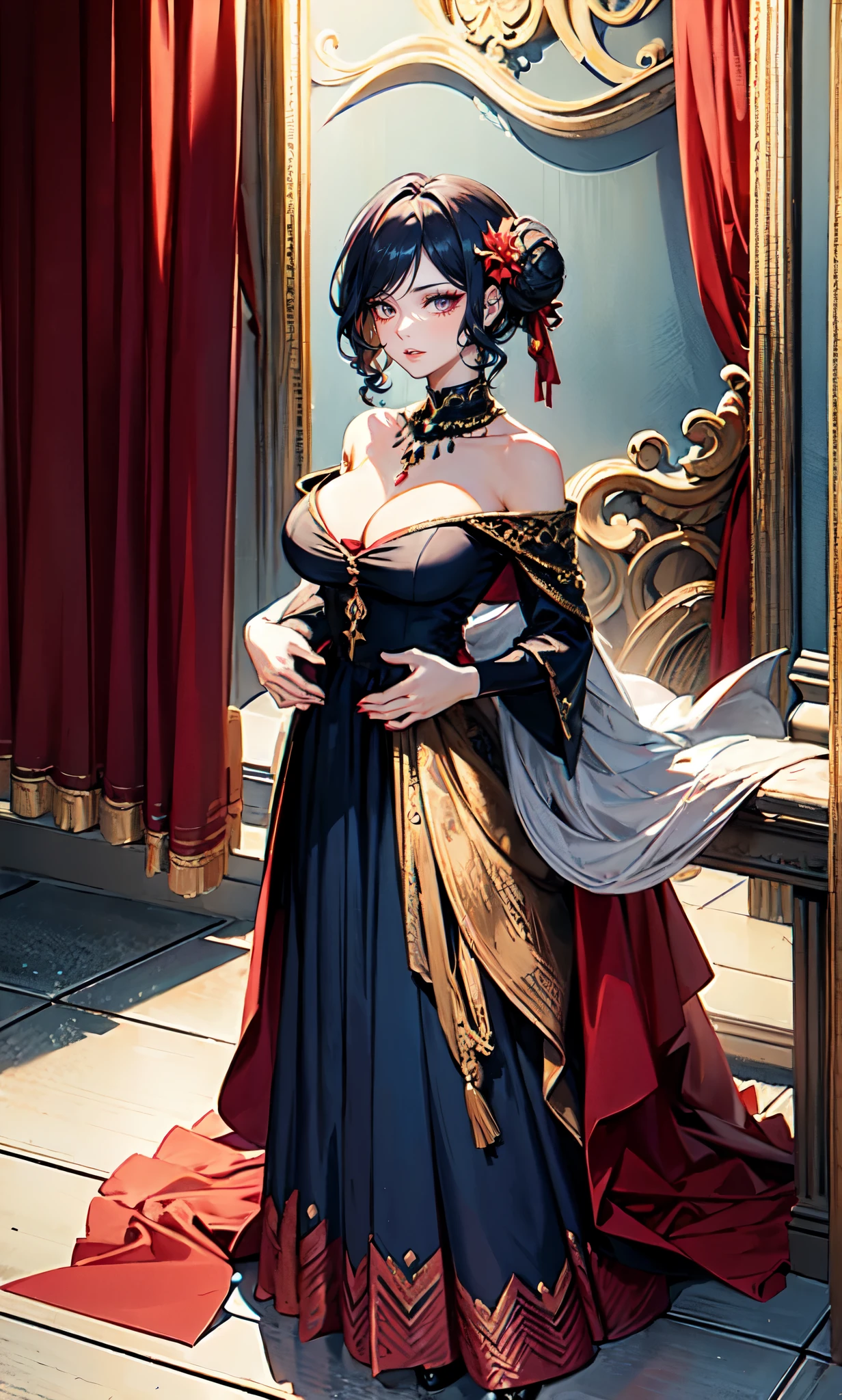 Court background,(Hands together:2.0),(dark blue curly short hair：2.0),British court-style low bun,Standing close-up,dream world,Royal sister,(Slender red red phoenix eyes,eye shadow,long eyelashes),Slender red red phoenix eyes,eye shadow,Contact lenses,Jade necklace,(Off the shouldersBaroque skirt,Off the shoulders,Widen hem,Shredded flower cloth：2.0),(big breast)ballroom background,(soft light and shadow：1.9),Intricate body jewelry,High heeled dancing shoes,High heeled dancing shoes,Detailedly drawn backgrounds