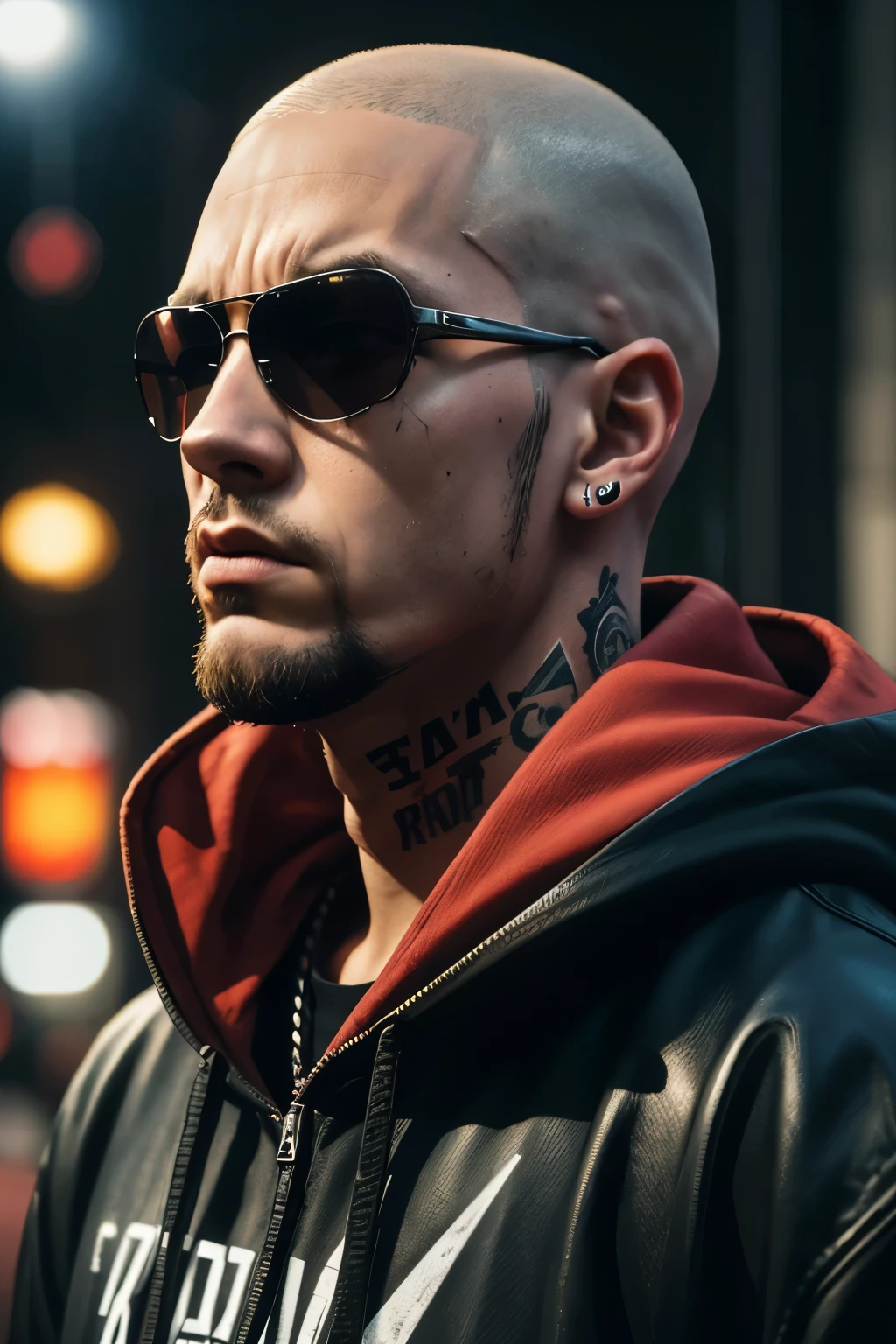 (best quality,highres),(realistic:1.37),portrait,painting,Eminem as Deadpool,red and black color theme,portrait,close-up shot,attitude,rapper,hip hop,sunglasses,hoodie,tattoos,beard,shaved head,serious expression,artistically detailed face,detailed facial features,piercing eyes,elegant lips,shadowy lighting,gritty texture,urban background,painted strokes,graffiti,street art,vivid colors,sharp focus,urban decay,edgy style,confident pose,strong presence,microphone in hand,street fashion,gritty details,creative composition,contrast,energy,raw emotions,controlled chaos,stylized realism,exaggerated gestures